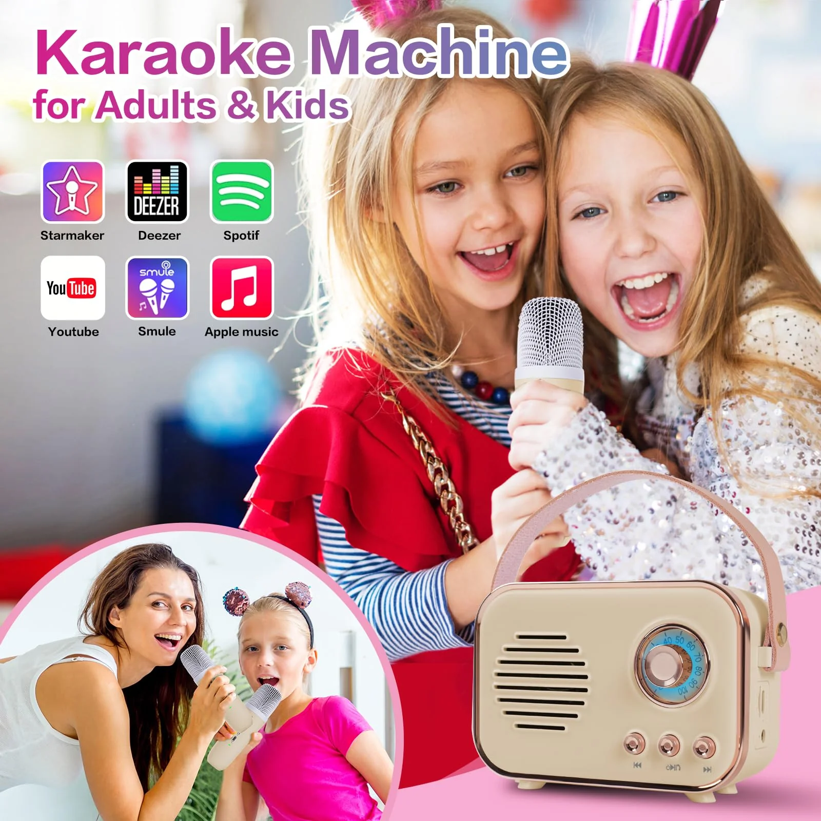 Retro Karaoke Machine,Mini Karaoke Machine with 2 Wireless Microphones,Portable Small Karaoke Set Toys for Kids and Adults,Cool Tech Gifts for Birthday Home Party Ideas (Beige 2 Mic) Beige 2 Mic - Image 2
