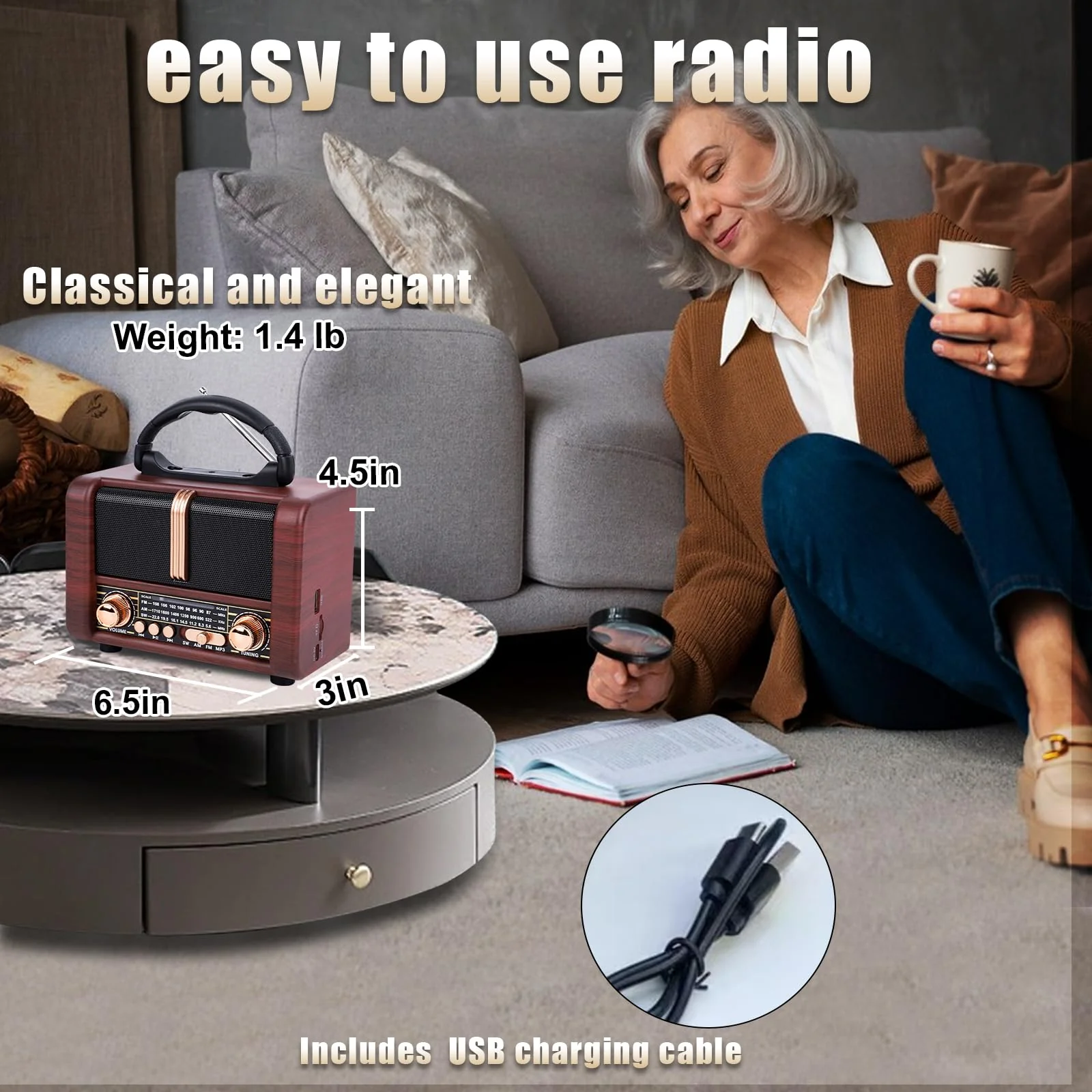 Retro Portable Radio AM FM SW 3 Band,USB Charging, Shortwave Radio with Bluetooth Speaker,TF Card (Brown) brown - Image 7