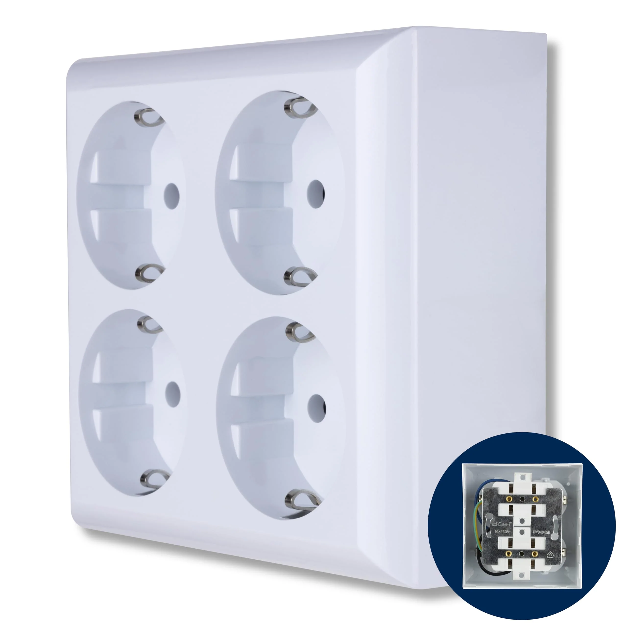 REV 0510172555 PlanoLuxe, surface-mounted socket 4-way Complete set: Frame and insert, white 1 x quadruple socket