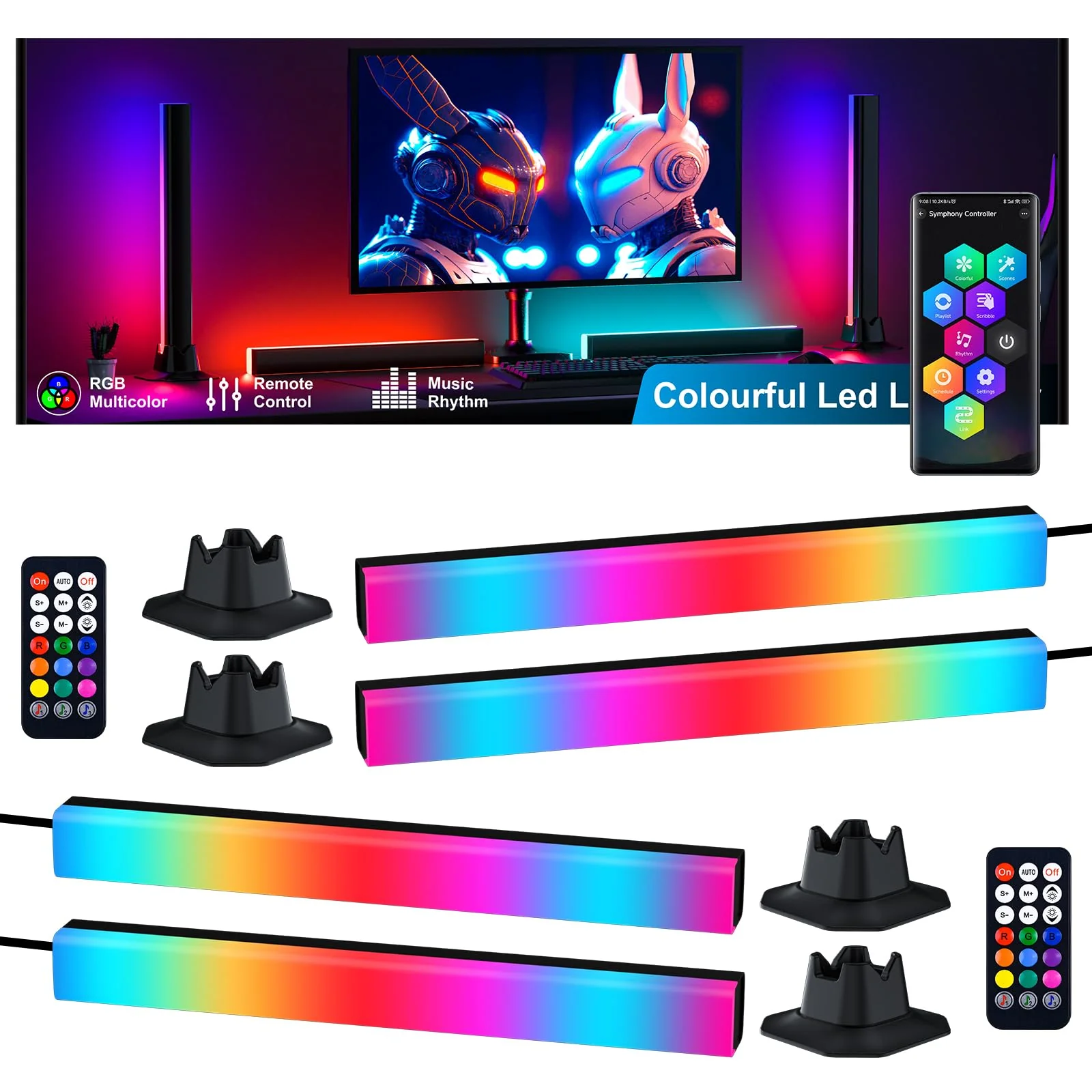 RGB Light Bar, RGB IC LED Light Bar, Music Sync USB Powered, Color Changing Ambient Lighting for Gaming TV Desk Monitor PC Party, 2 Pair