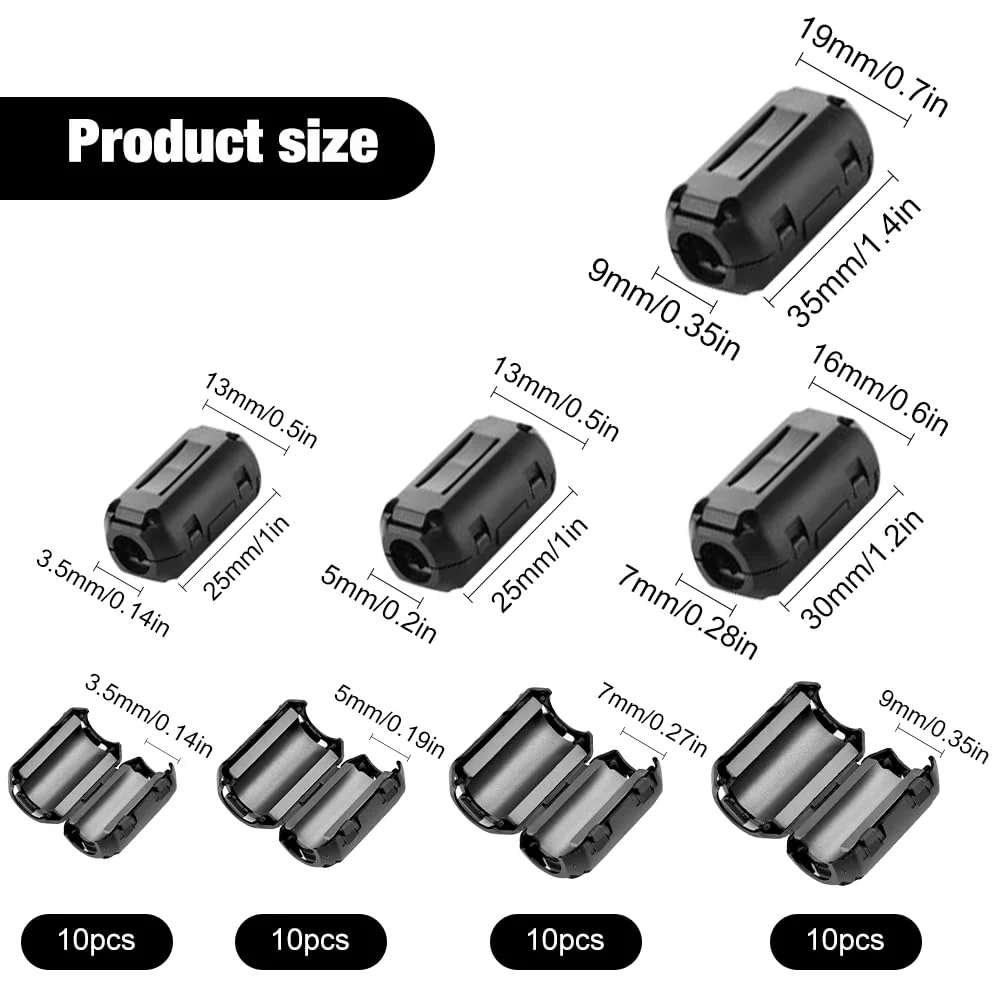 Riisoyu Pack of 40 Ferrite Cores for Cables, Ferrite Ring Core Folding Ferrite Ferrite Clip-on Ferrite Ferrite Cable Clamp for Cable RFI, EMI 3/5/7/9 mm Inner Diameter, Black - Image 2