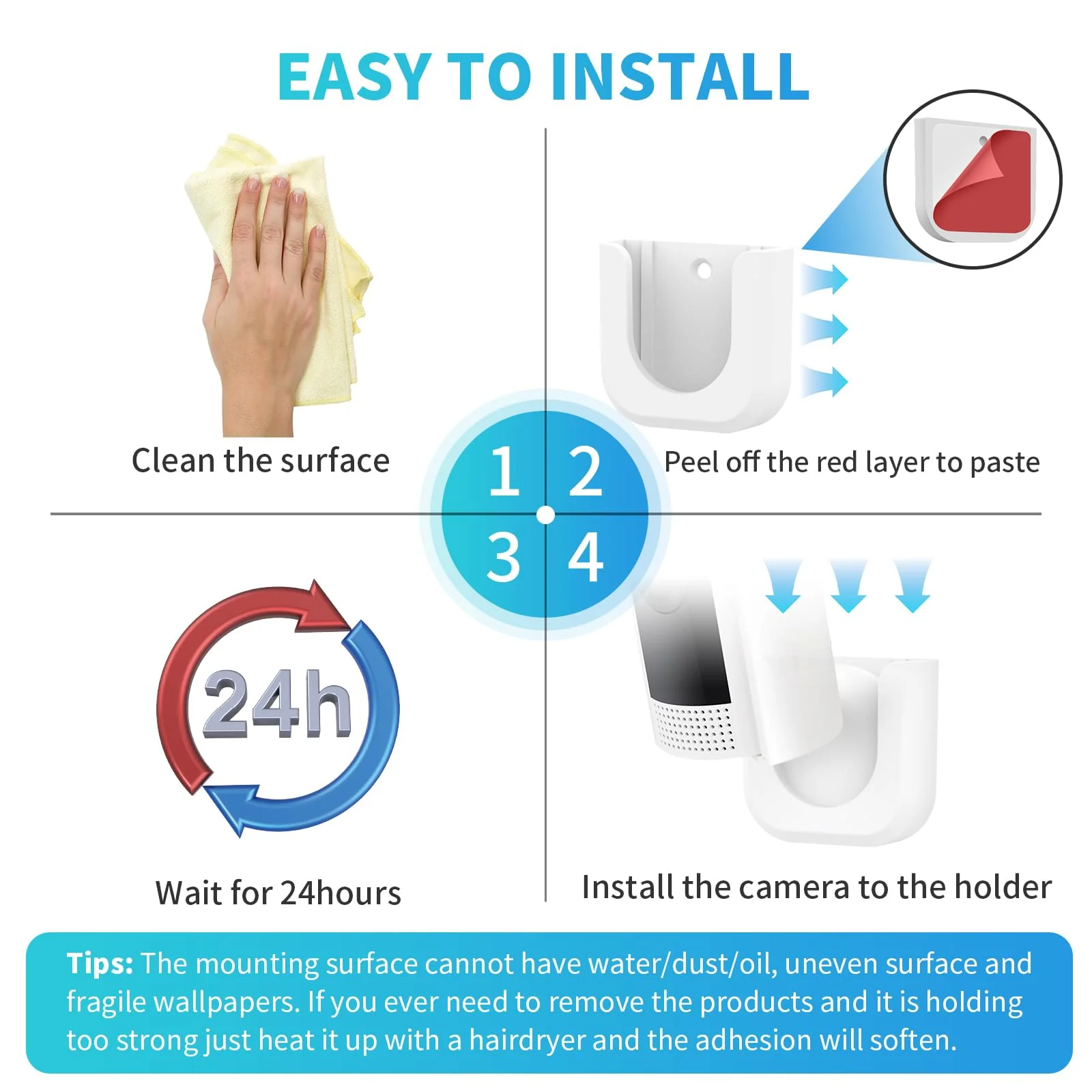 Ring Indoor Cam Adhesive Wall Mount Bracket, Strong Adhesive Durable Camera Mount Stand for Ring Indoor Camera, Two Ways Installation Easy to Install (2 Pack) - Image 7