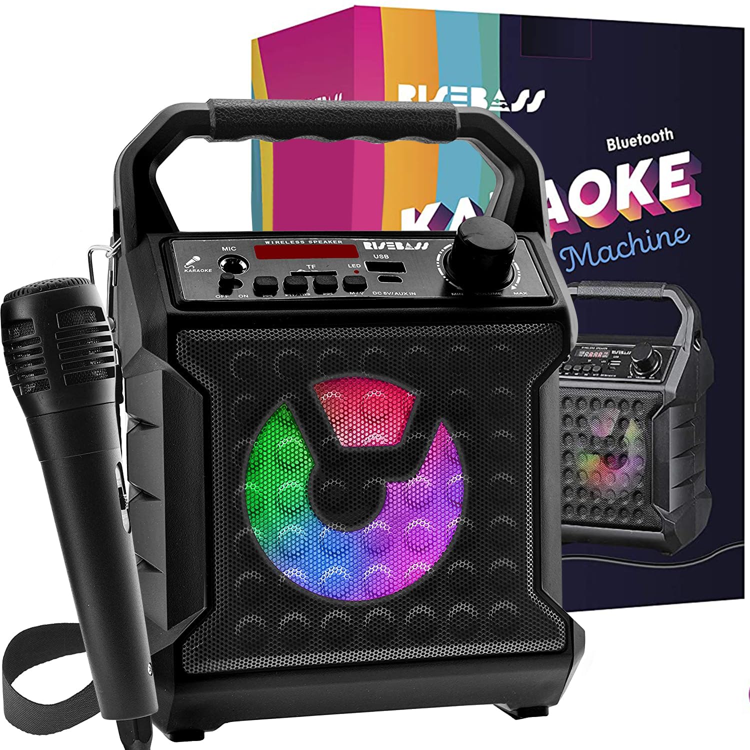 Risebass Portable Party Speaker with Microphone - Graduation Gifts - Bluetooth Outdoor Speaker with Sing Along Karaoke - Small and Loud with Bluetooth SD AUX and USB Outdoor and Indoor Black