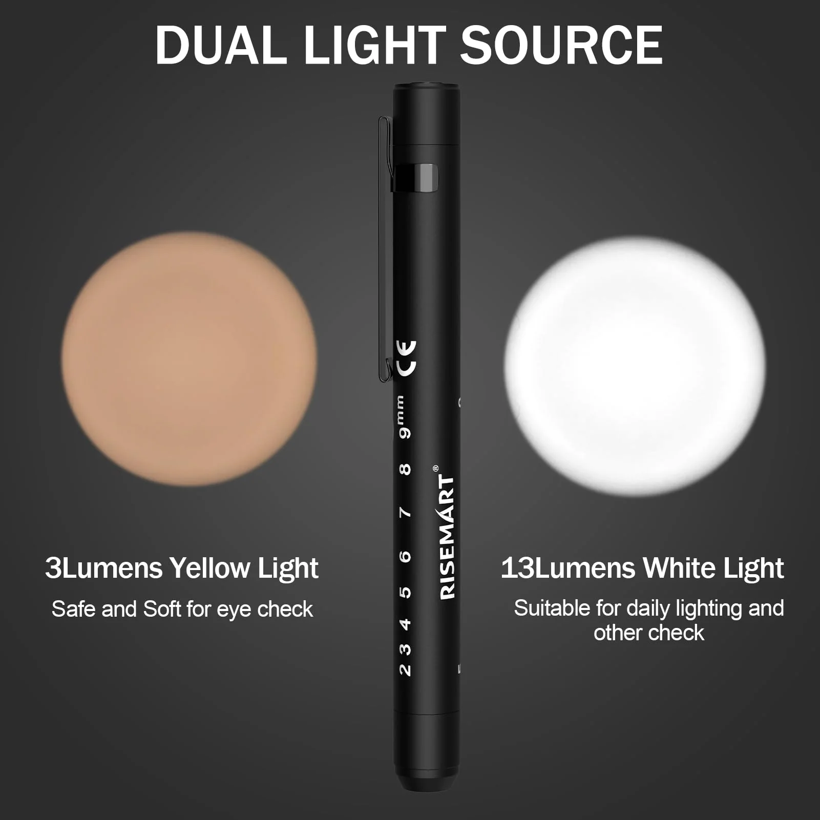 RISEMART Pupil Light Diagnostic Light with Pupil Meter and Ruler, Warm/Cool White, Rechargeable USB LED Pen Lamp for Nurses, Students, Doctors (Black) black - Image 4