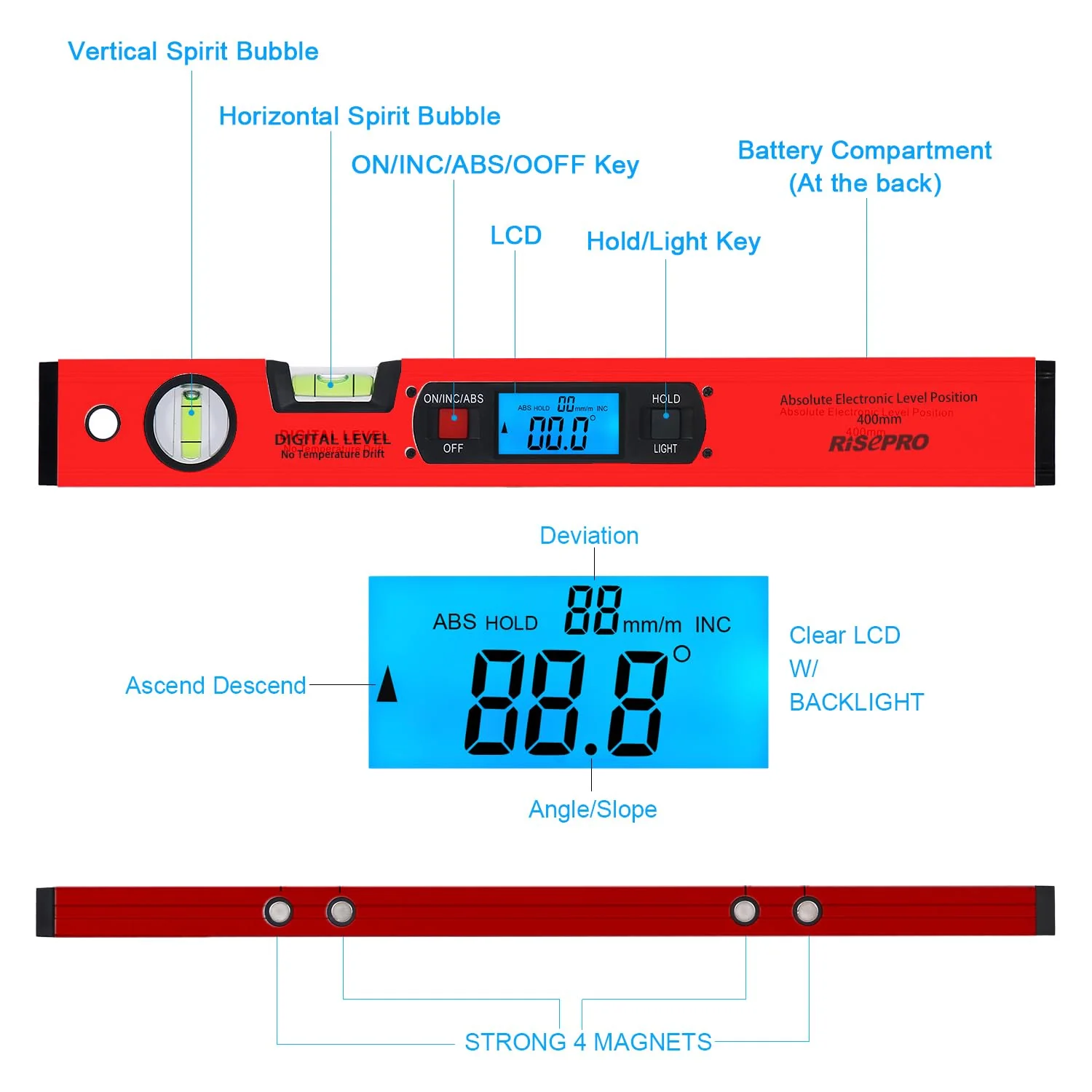 RISEPRO 42cm Digital Torpedo Level Inclinometer Angle Finder Gauge Spirit Level Magnetic Base Backlight Red - Image 2