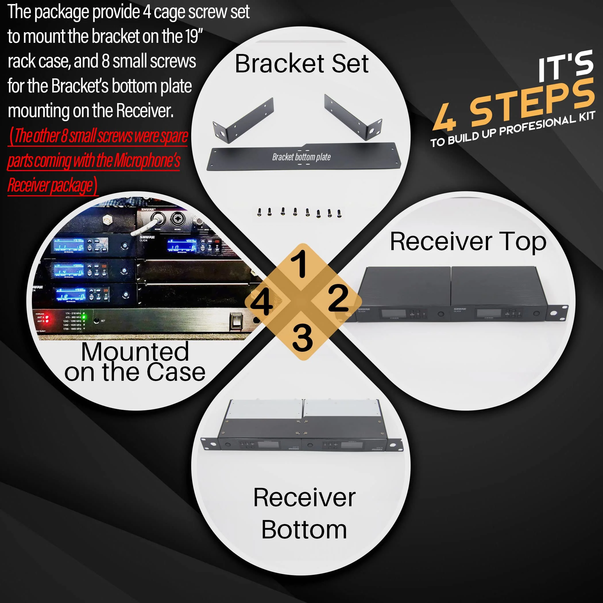 RK Rackmount Bracket Kit fit for QLXD4 Dual (2) Receivers Wireless System Mount on 1U Standard 19'' Rack Distribution - Image 3