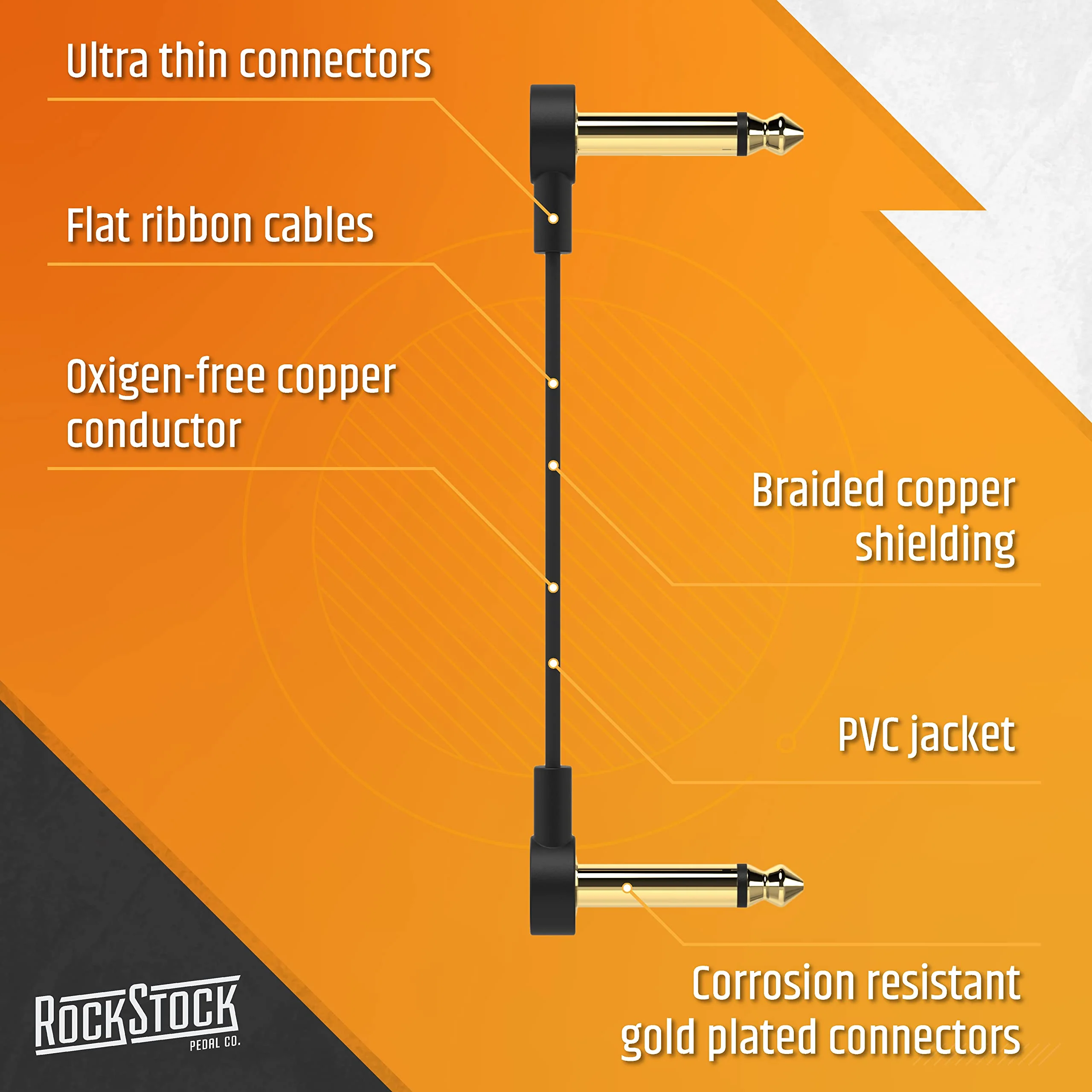 Rock Stock Guitar Flat Patch Cables (Pack of 3) - 6 Inch C-Shape Ultra-Thin Effect Guitar Pedal Patch Cables - Right-Angle, Black with Durable Gold Plated Connectors, Maximize Pedalboard Space 6 Inches - Image 4