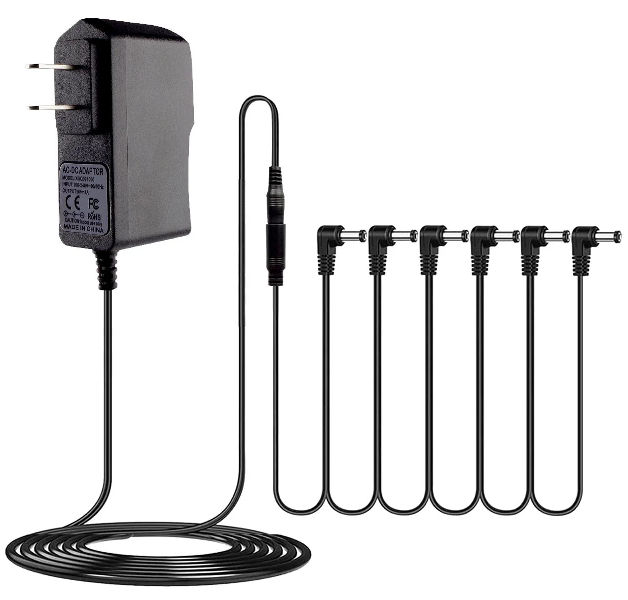 Rockhouse 9V DC 1A Guitar Pedal Power Supply Center Negative 9 Volt Adapter Power Cord with 6 Way Daisy Chain Cables for BOSS Guitar Effect Pedals