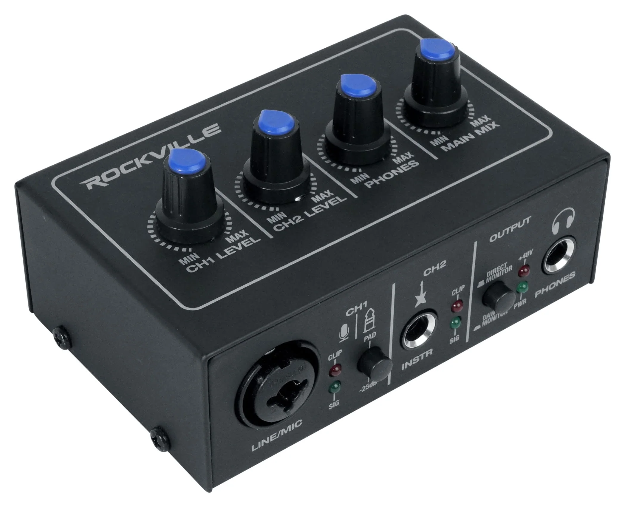 Rockville Rock-U MINI 2x2 USB Computer Recording Interface 24 Bit 192Khz Home Studio, Black
