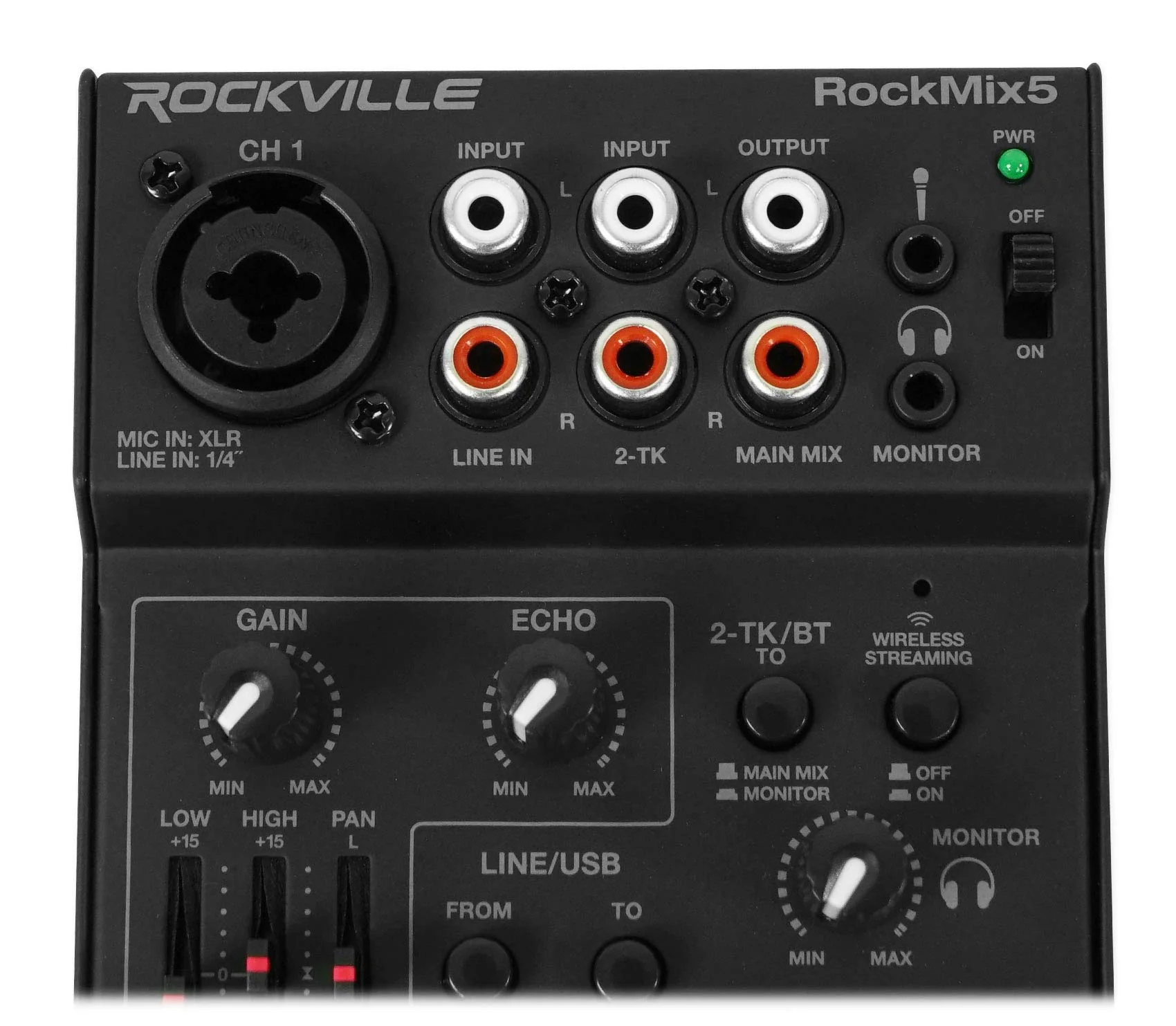 Rockville RockMix 5 Channel Pro Mixer w/USB Interface, Bluetooth, Echo, 2-Band EQ, Compact Design, Portable, for Podcasting and Live Music - Image 4