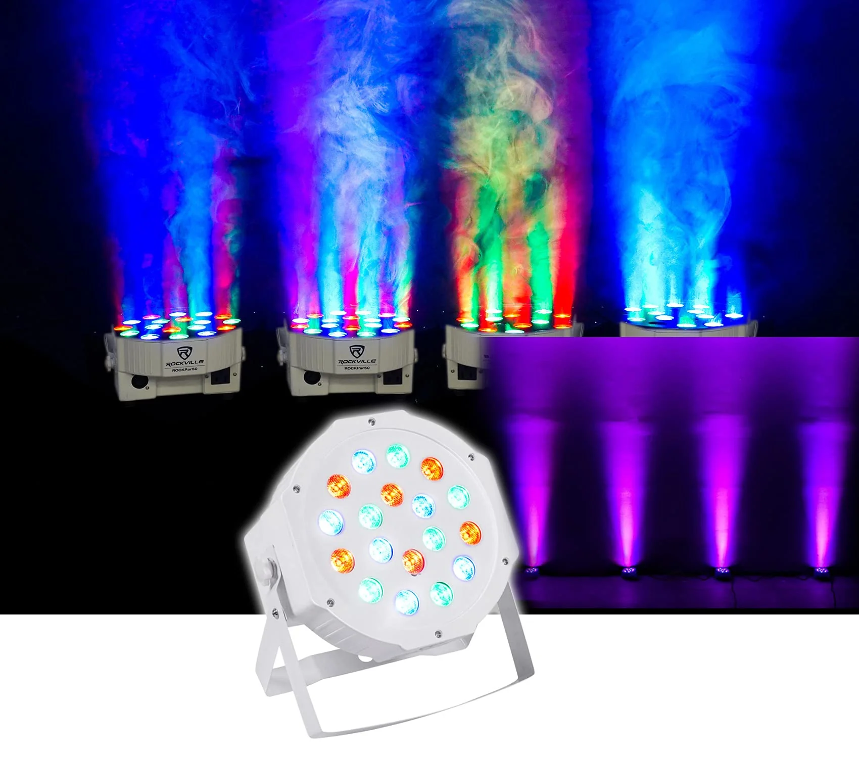 Rockville RockPAR50 White Compact 24W LED RGB Par Can DJ/Club/Stage Wash Light, DMX Control, Daisy-Chain Power, Sound-Activated, for Parties, Weddings, and Live Performances