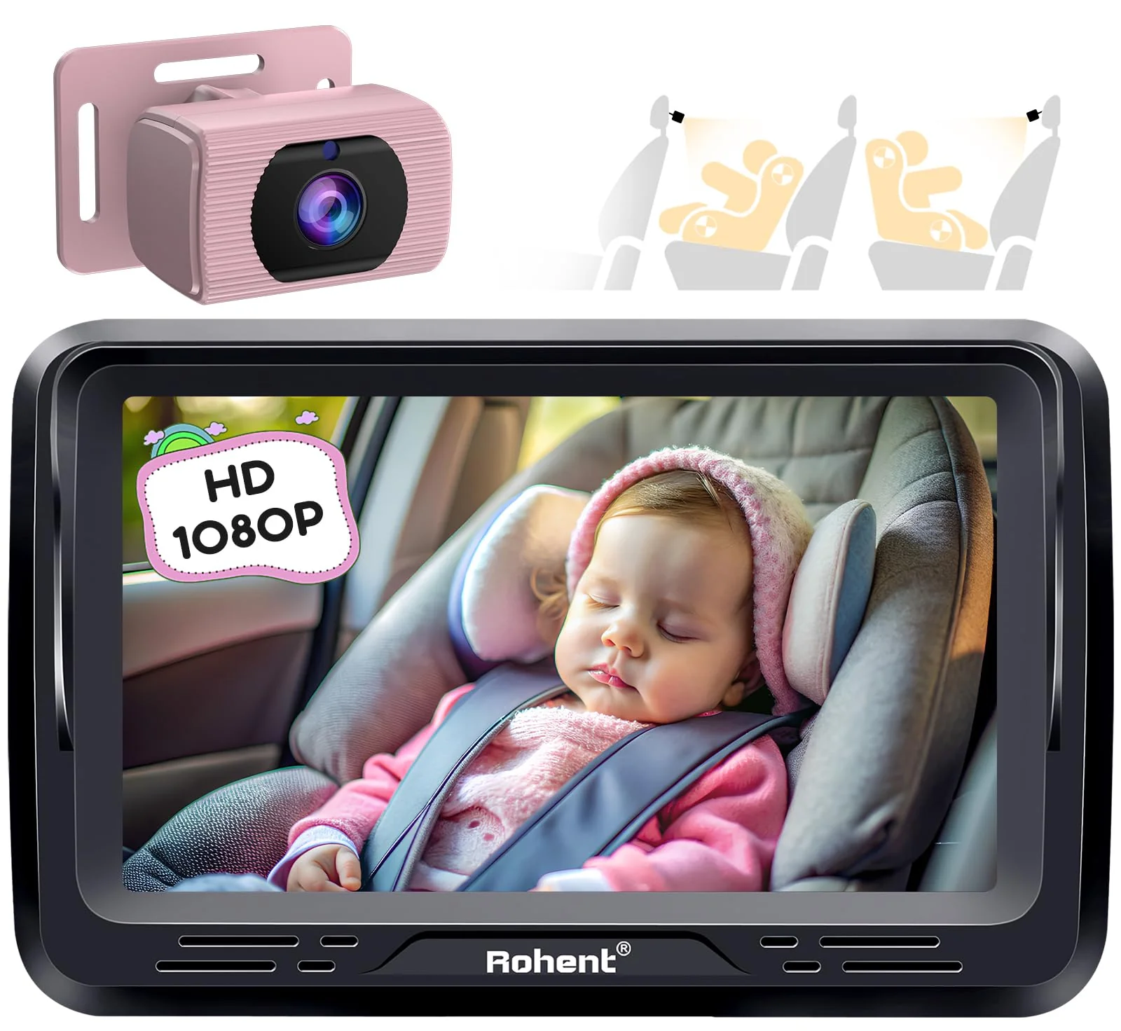 Rohent Car Baby Monitor for Baby Girls - 1080P HD, 360° Adjustable, Night Vision, 150° Wide-Angle Lens, Easy Installation, Perfect for Girls Aged 0-5, Ideal for Parents, Grandparents & Families Pink