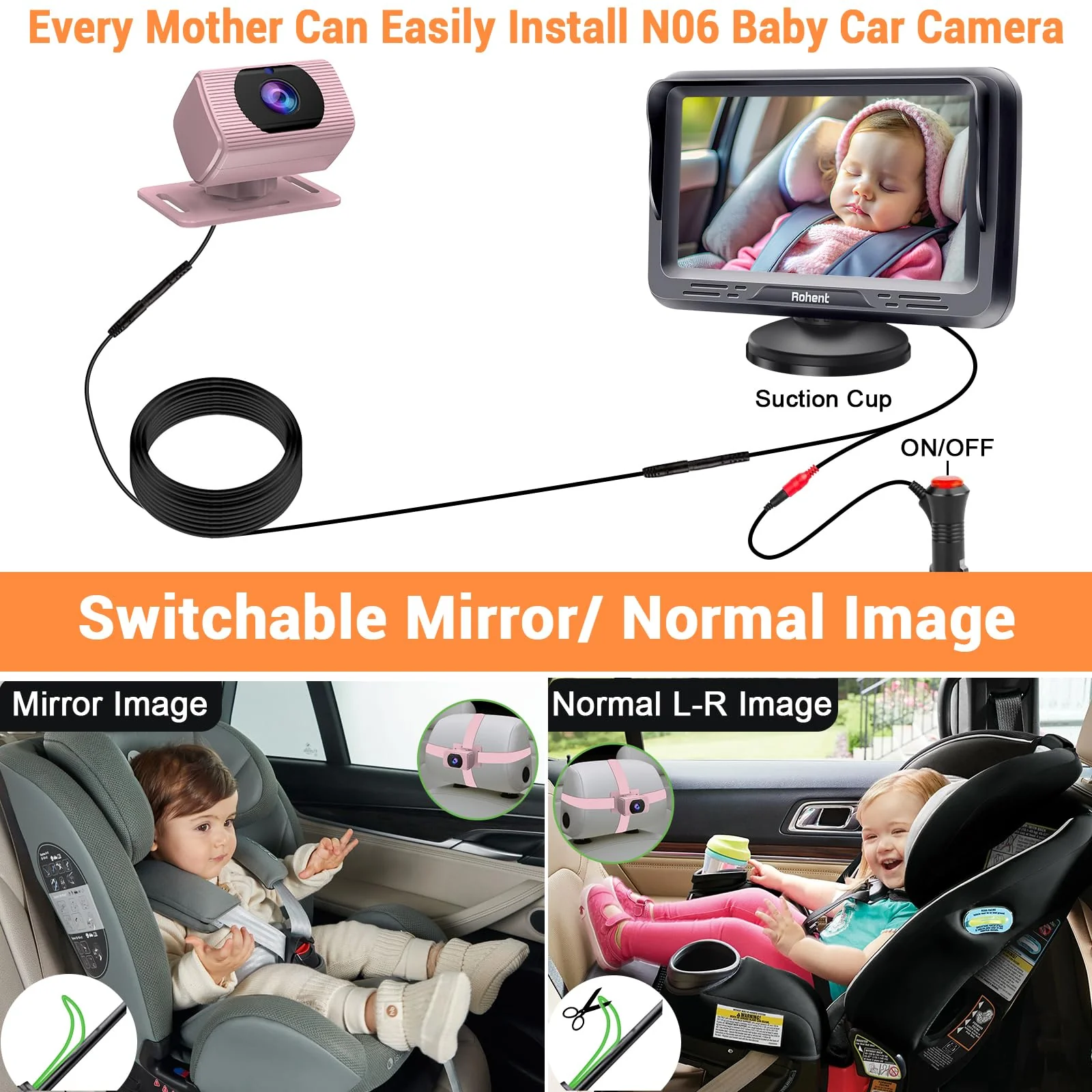 Rohent Car Baby Monitor for Baby Girls - 1080P HD, 360° Adjustable, Night Vision, 150° Wide-Angle Lens, Easy Installation, Perfect for Girls Aged 0-5, Ideal for Parents, Grandparents & Families Pink - Image 3