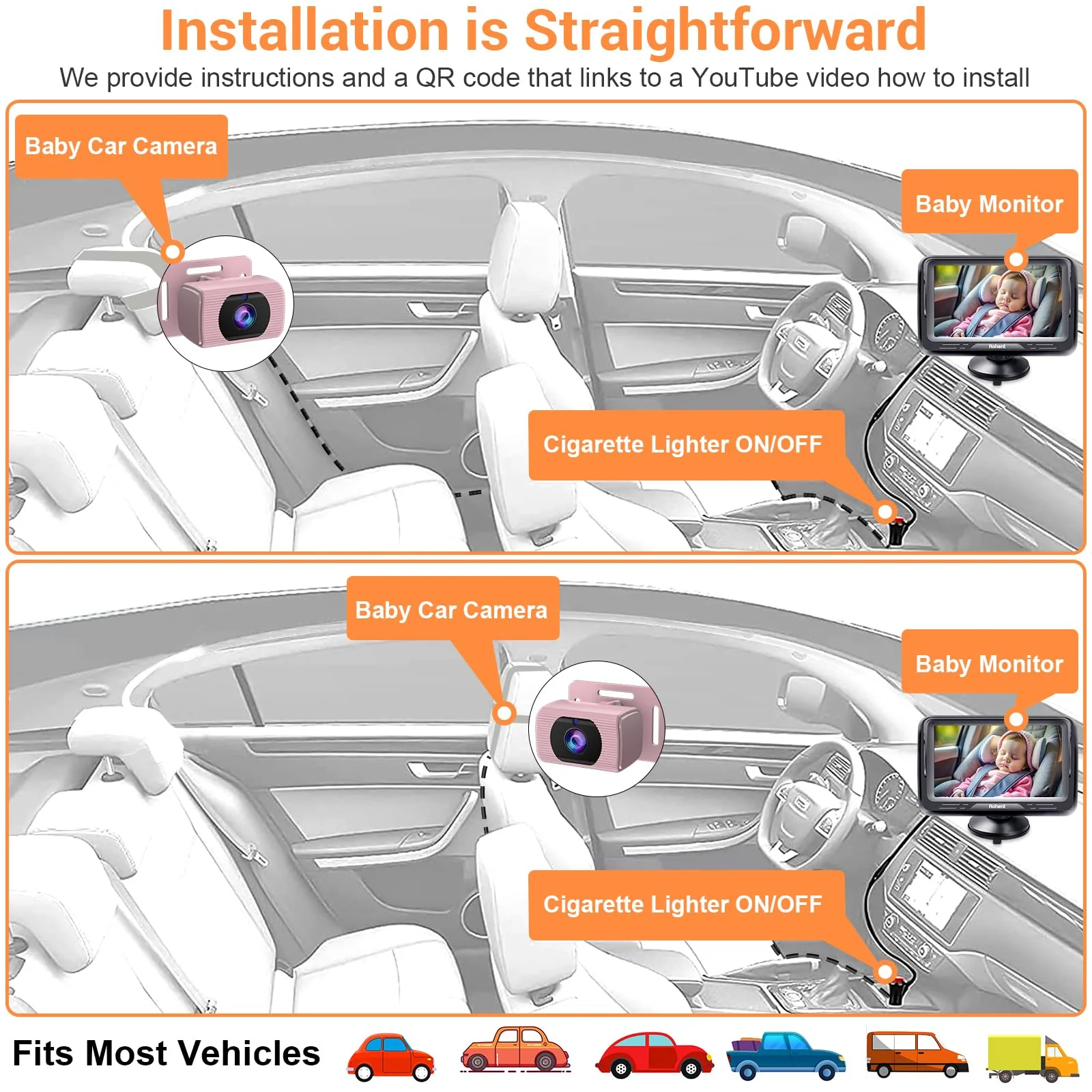 Rohent Car Baby Monitor for Baby Girls - 1080P HD, 360° Adjustable, Night Vision, 150° Wide-Angle Lens, Easy Installation, Perfect for Girls Aged 0-5, Ideal for Parents, Grandparents & Families Pink - Image 5