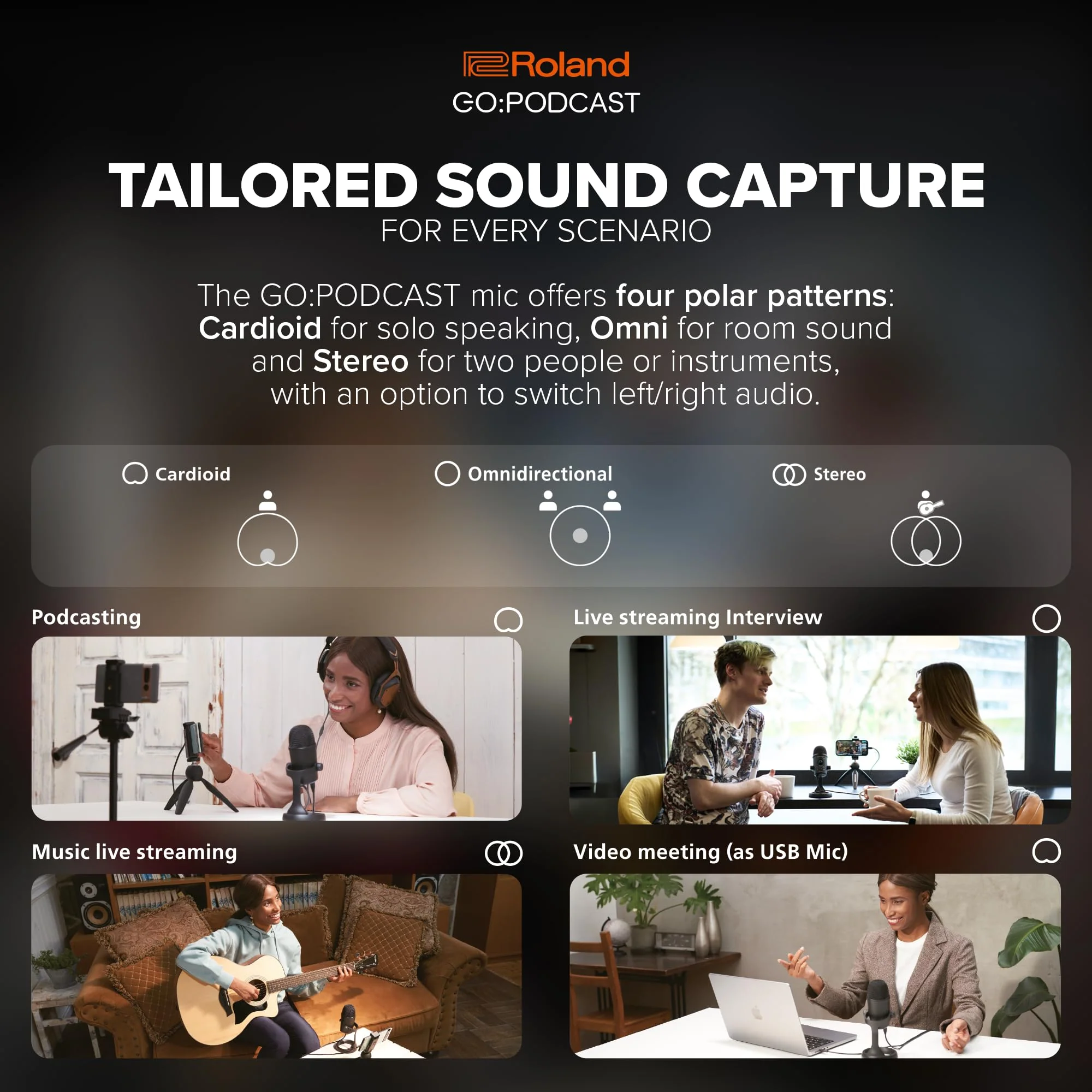 Roland GO:Podcast Video Podcasting Studio for Smartphones | Livestreaming System for Podcasters, Vloggers & More | Intuitive Video App | USB Microphone | Four Polar Patterns - Image 5