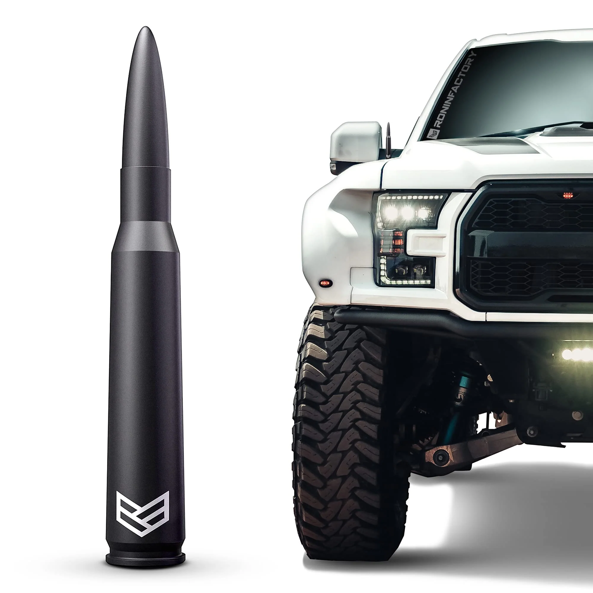 Ronin Factory 50 Cal Bullet Antenna - Ford F150 F250 F350 Super Duty Raptor (Bronco 21-23) Truck Accessory - RAM 1500 Short Antenna Replacement Ford TuffLock Bullet Antenna - Standard