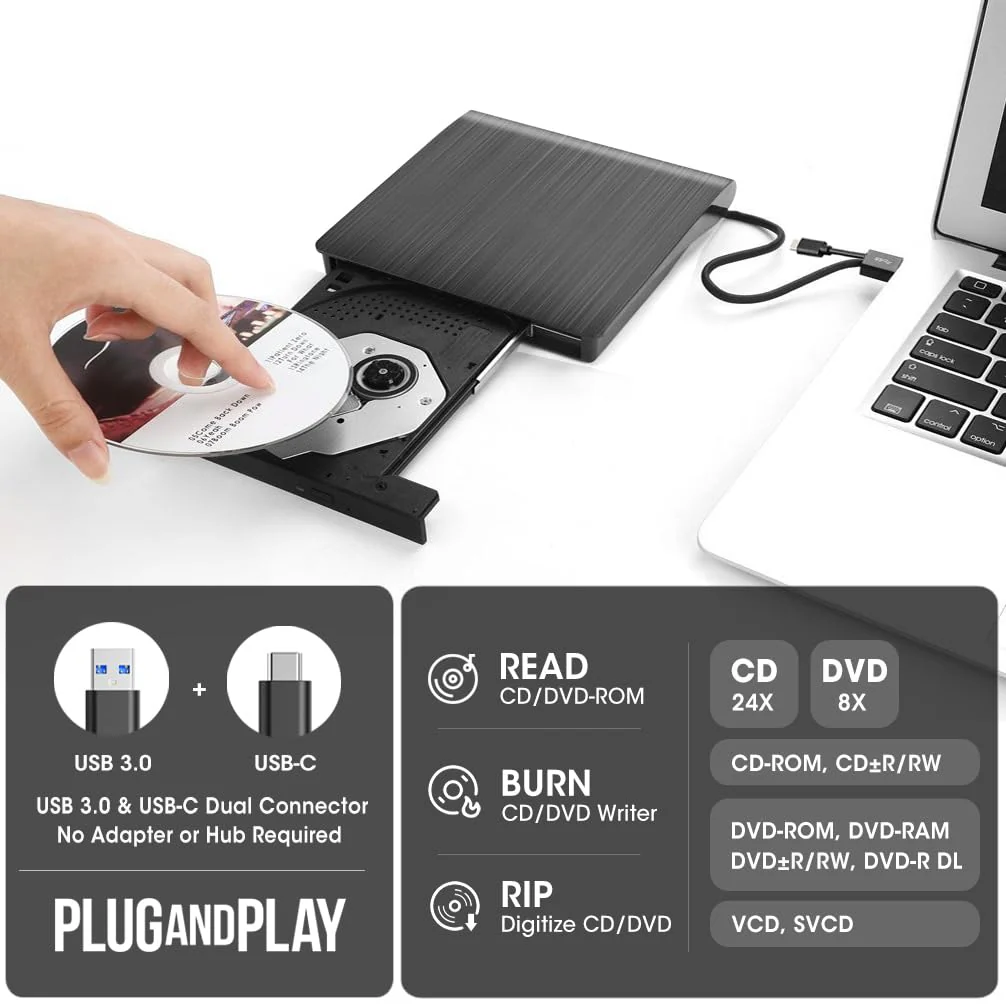ROOFULL External CD/DVD Drive for Laptop, USB 3.0 & USB-C Portable CD/DVD-RW Player Reader Writer Burner, Optical Disc Drive for Windows 11/10 PC, Mac, MacBook & Linux Computer, Model ECD829-Y 2 In 1 - Image 2