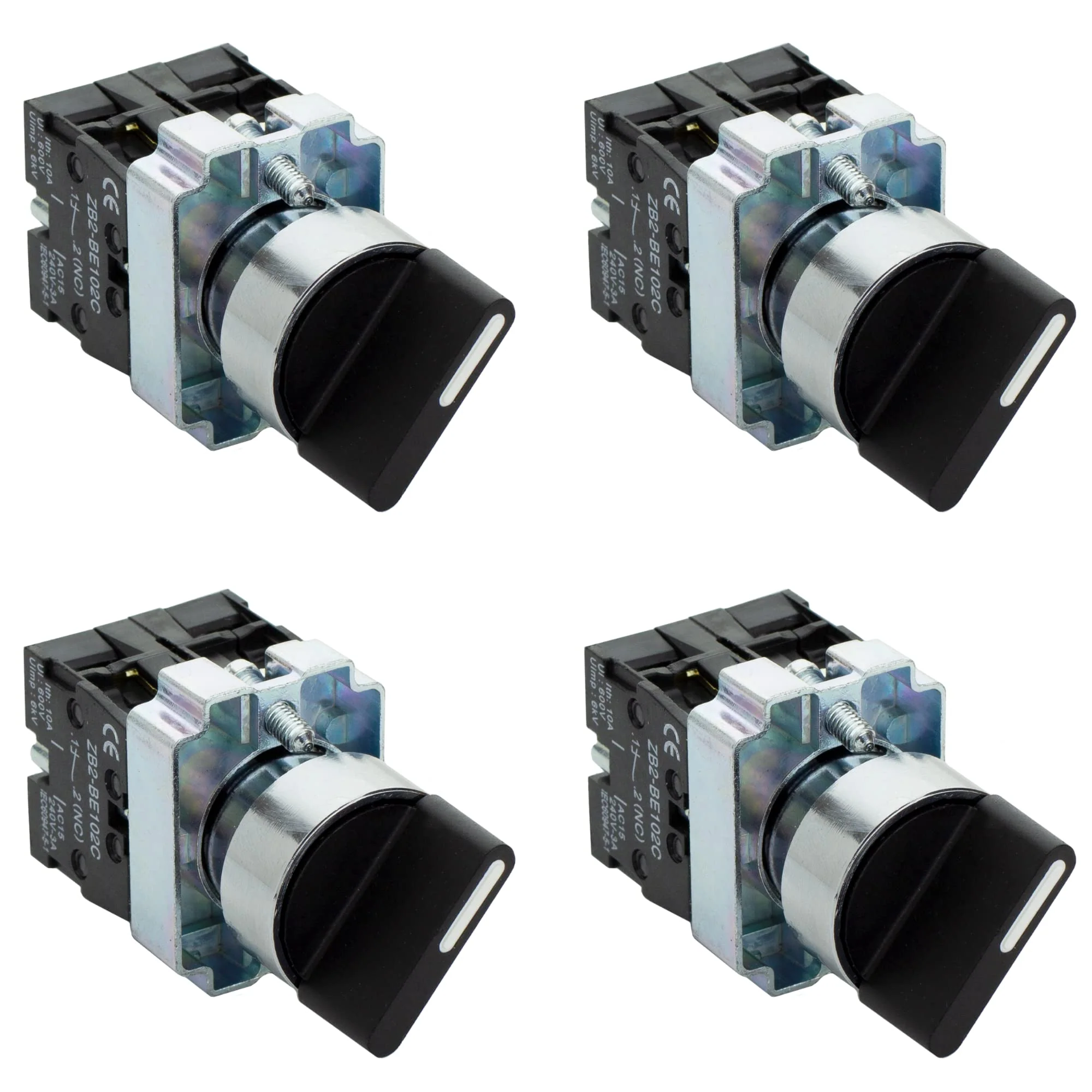 Rotary Switch - 2-Position Selector Switch Maintained - 22mm Mounting Hole - Electric NO NC Latching - 220VAC Voltage and 10A Contact Current - (4 Pack) 4 Pack NO/NC