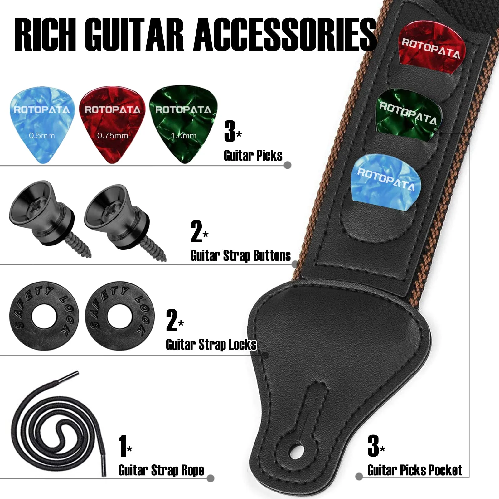 ROTOPATA Guitar Strap with Pick Holders, 2 Buttons 2 Locks 3 Guitar Picks, Cotton Strap with PU Leather Ends, Length Adjustable for Son Daughter (Black) - Image 2
