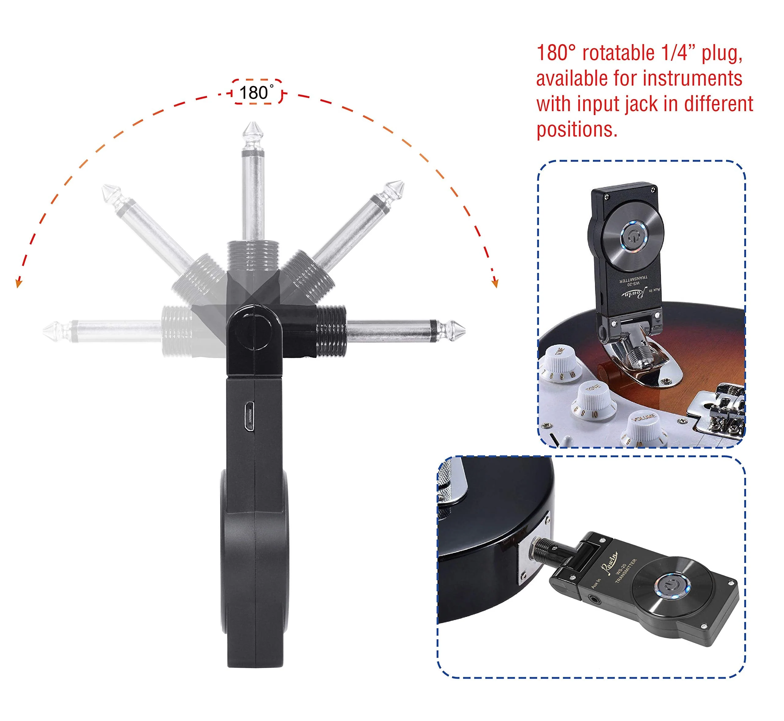 Rowin 2.4G Guitar Wireless System Transmitter Receiver for Electric Guitar Bass Violin with Rechargable Battery, USB Cable (Full Black) Full Black - Image 7