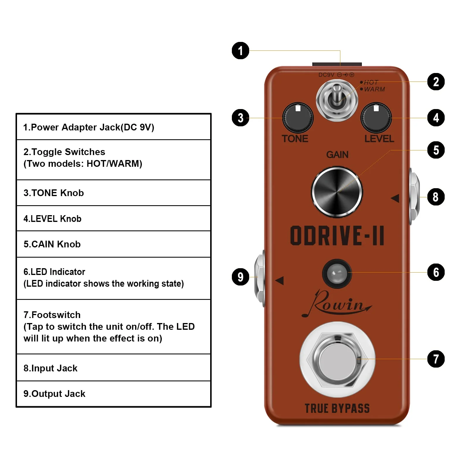 Rowin Blues Overdrive Pedal for Guitar True Bypass with Warm and Hot Modes - Image 2