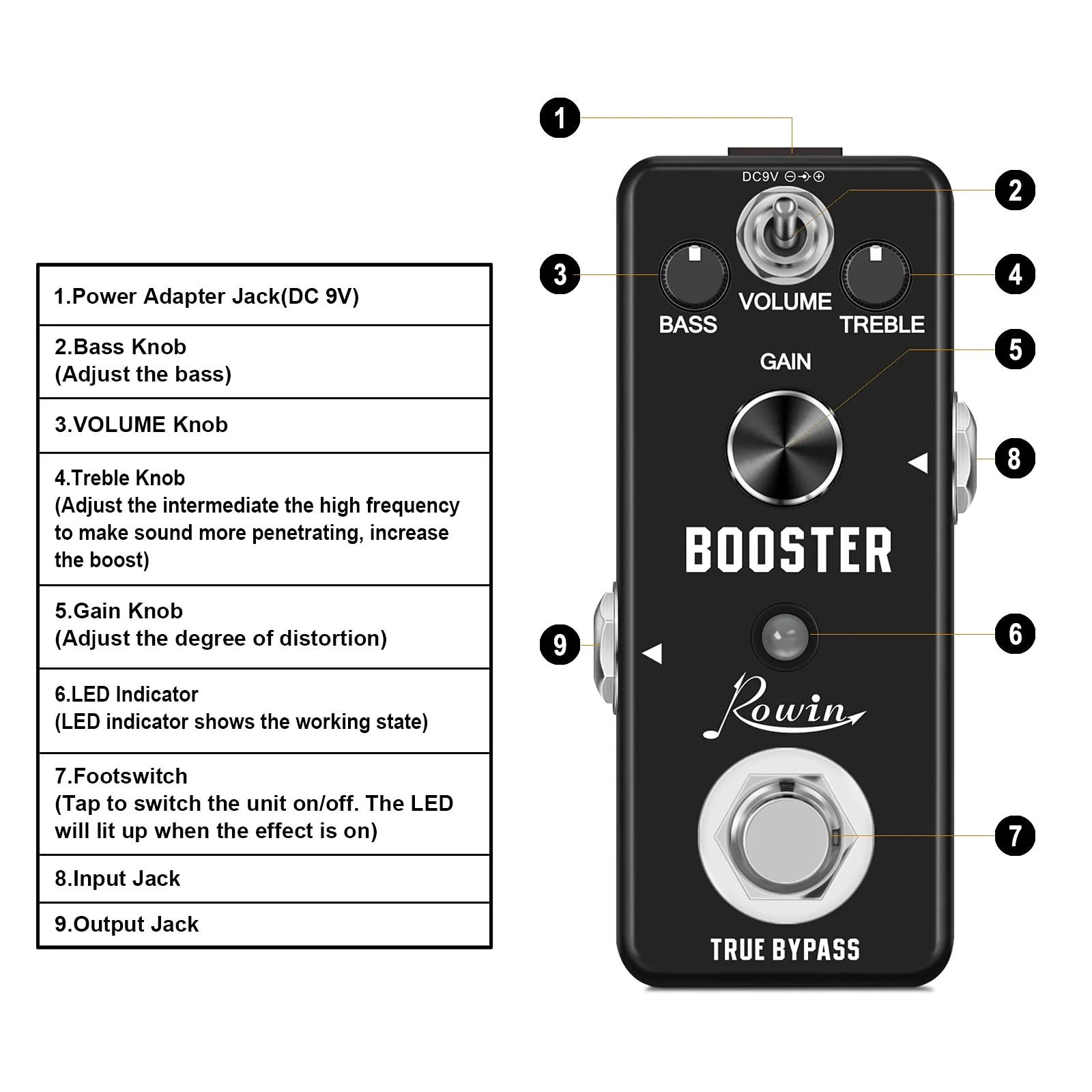 Rowin Booster Pedal with Rich Distortion Sound True Bypass LEF-318 - Image 2
