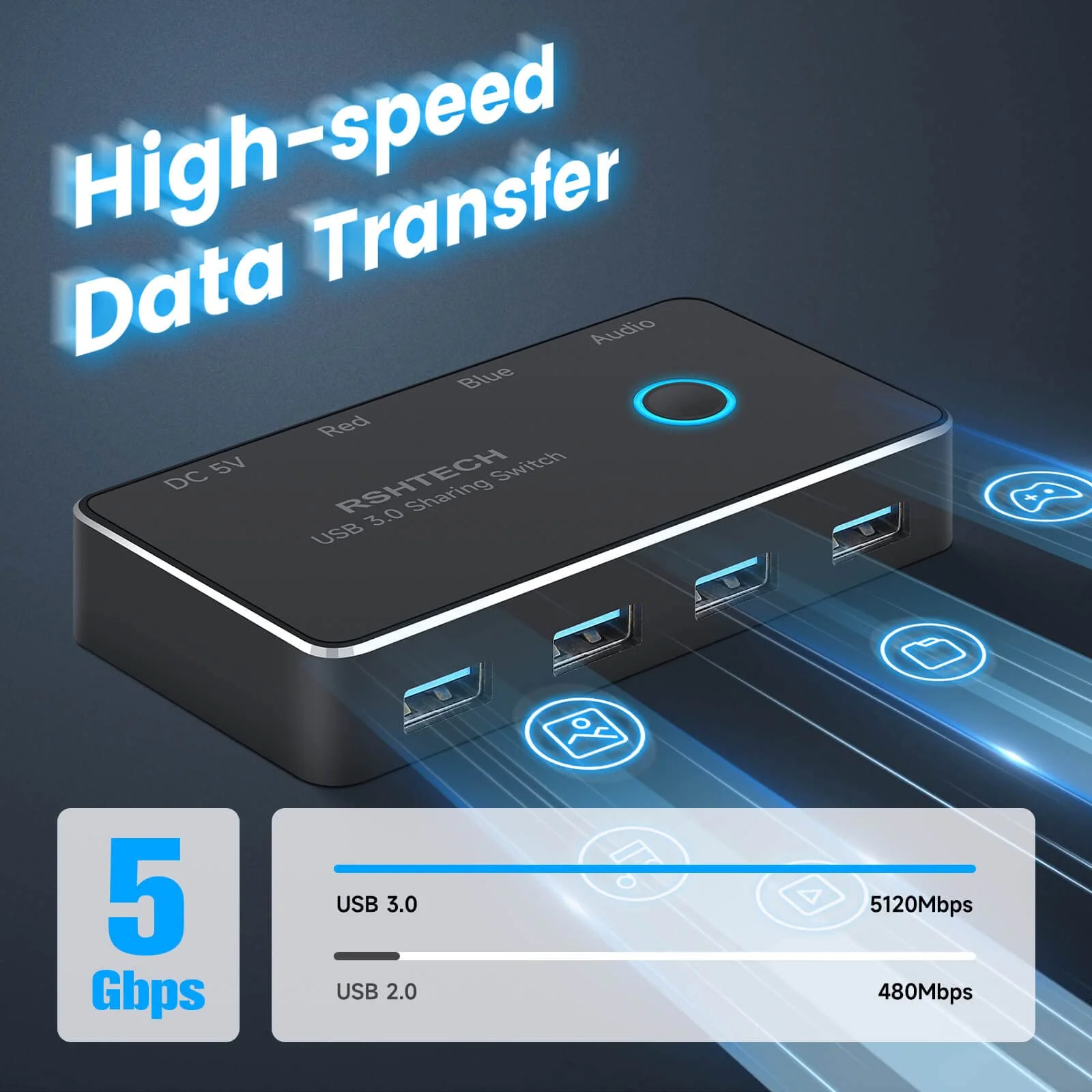 RSHTECH USB 3.0 Switch Selector Aluminum with 4 USB-3.0 Ports, 3.5mm Audio Jack, 2 Computers Sharing 5 Peripheral Devices, USB KM Switcher hub with 2 USB Cable for Keyboard, Mouse, Printer - Image 3