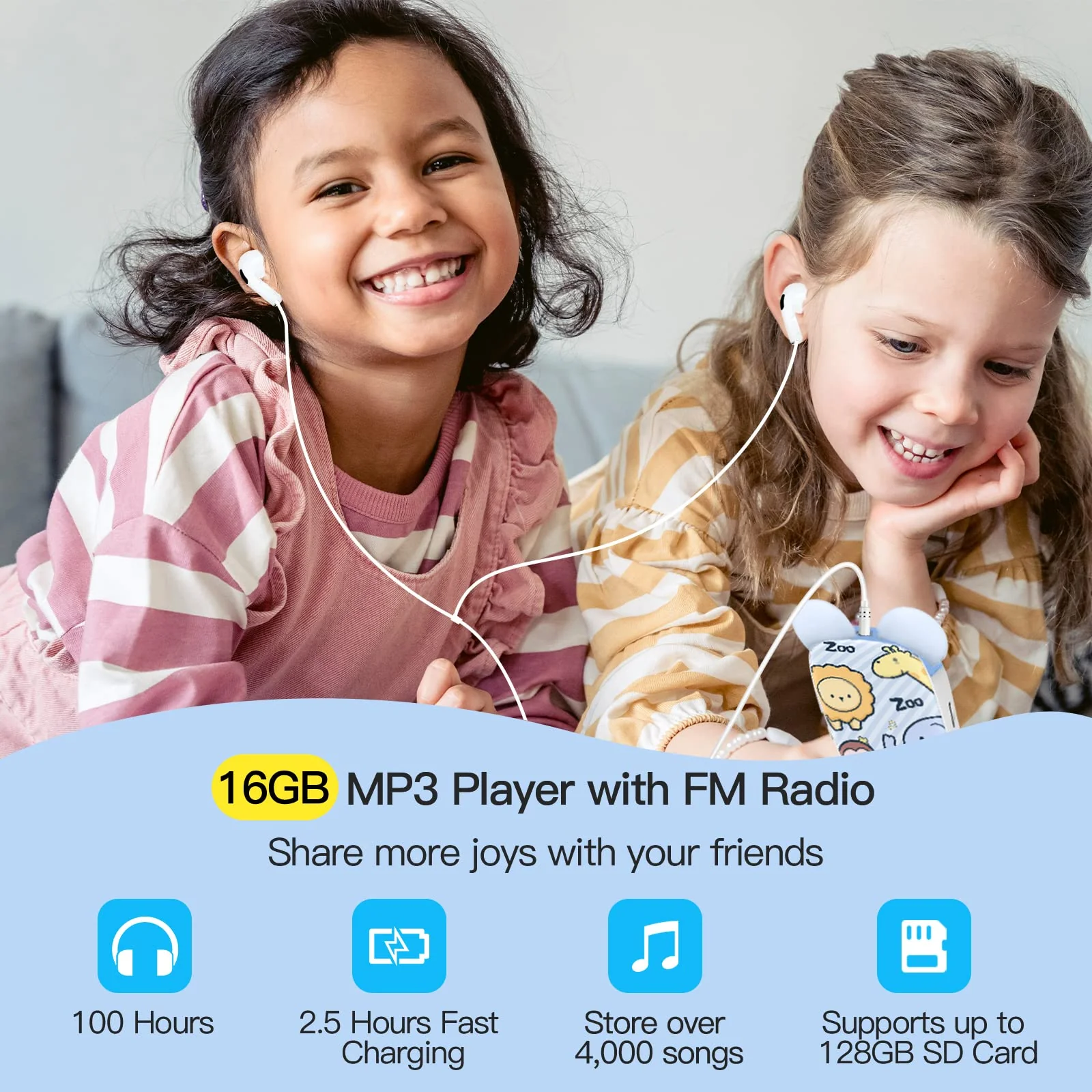 RUIZU 64GB Bluetooth MP3 Player for Kids, Cartoon Zoo Portable Music Player, Child MP3 Player with Bluetooth, Speaker, FM Radio, Voice Recording, Stopwatch, Pedometer, Expandable 128GB Micro SD Card - Image 6