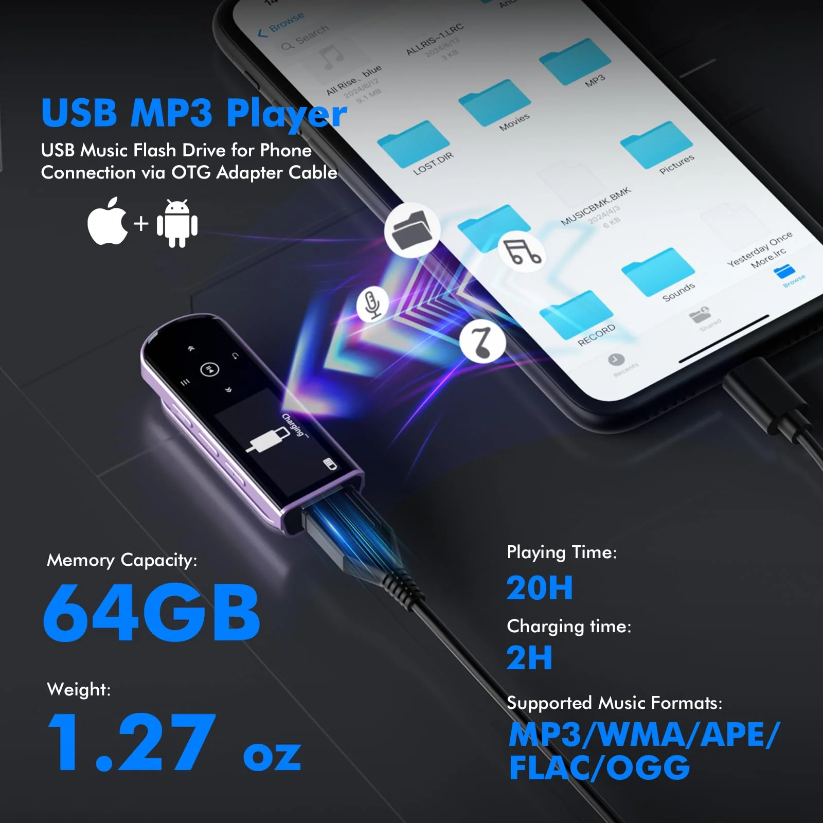 RUIZU 64GB USB MP3 Player with Bluetooth 5.3, Clip Jam Portable Music Player for Sports Running, USB MP3 Player Stick with FM Radio, Voice Recorder, Digital Audio Shuffle Repeat, Phone File Transfer Purple - Image 4