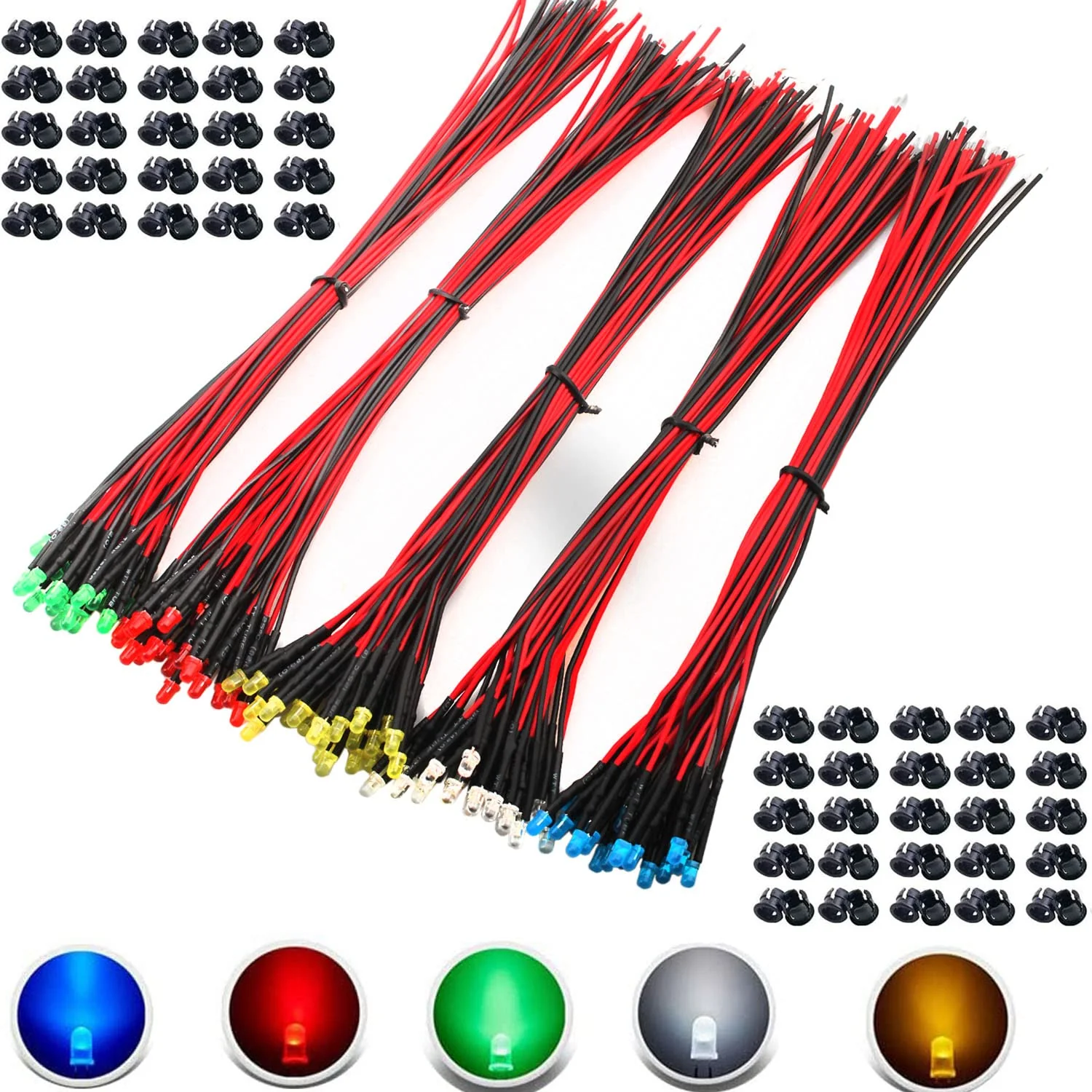 RUNCCI-YUN Pack of 100 3 mm 3 V-9 V-12 V LED Diode, LED with Cable 12 V, Model Railway H0 Lighting RC Model Building LED Diodes Light + 100 Pieces 3 mm LED Mounting Rings Plastic (Red, Yellow, Green,