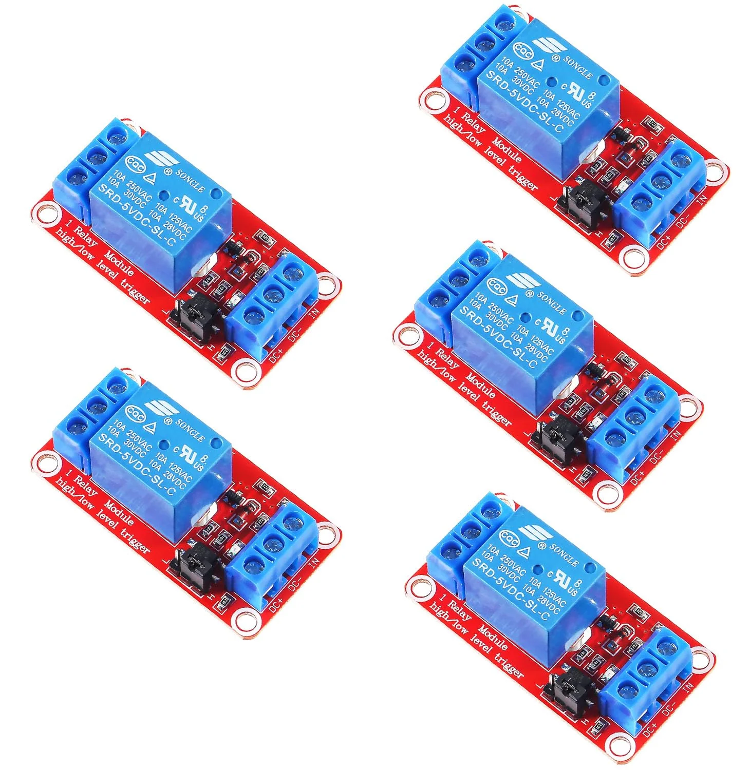 RUNCCI-YUN Pack of 5 One Channel Relay Module 5 V, 1 Channel Relay Module with Optocoupler High or Low Level Trigger Extension Board Relay Switch for Raspberry Pi Arduino Board 5 V 1 channel - 5 pieces, red