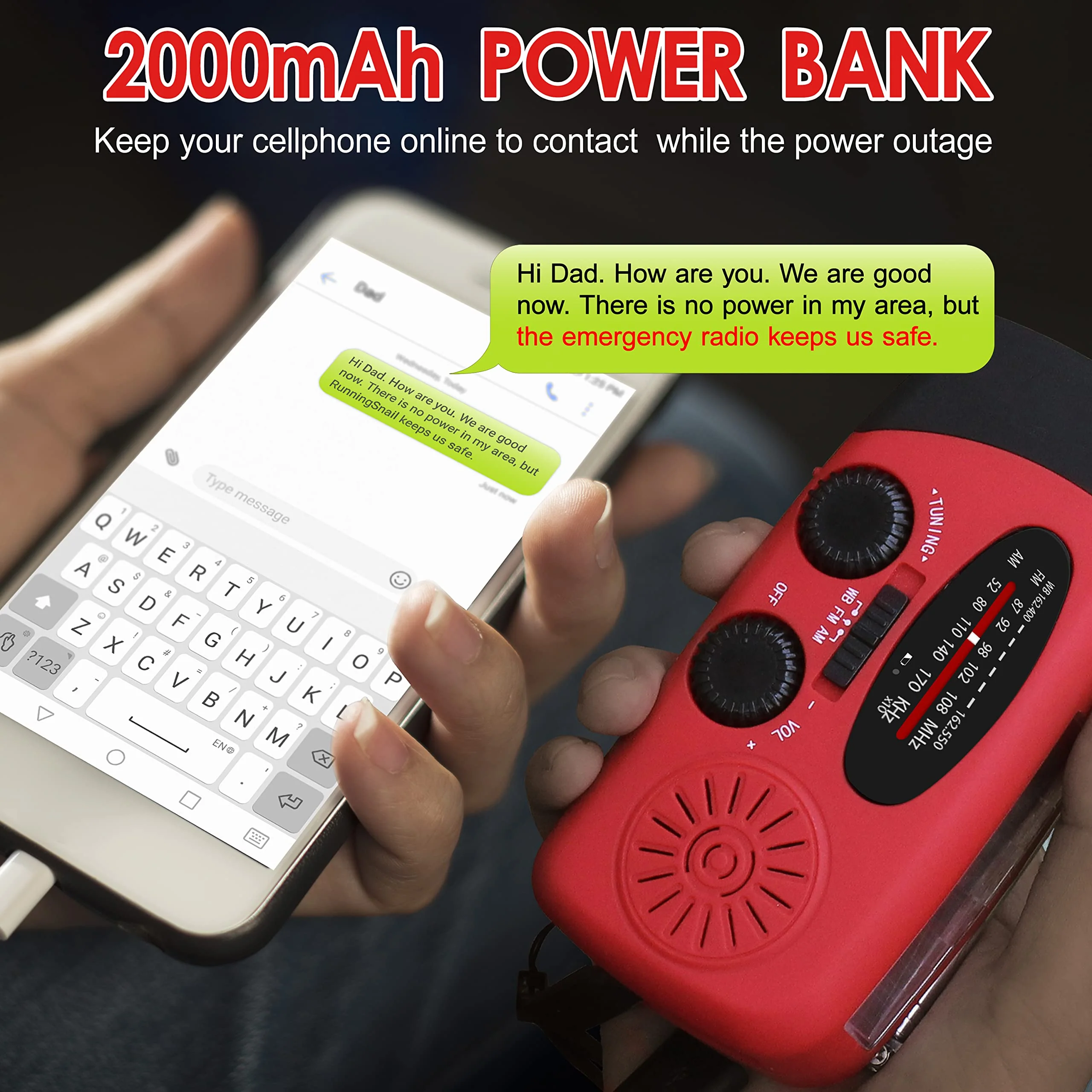 RunningSnail Emergency Hand Crank Radio With LED Flashlight For Emergency, AM/FM NOAA Portable Weather Radio With 2000mAh Power Bank Phone Charger, USB Charged & Solar Power For Camping, Emergency 087-Red - Image 3