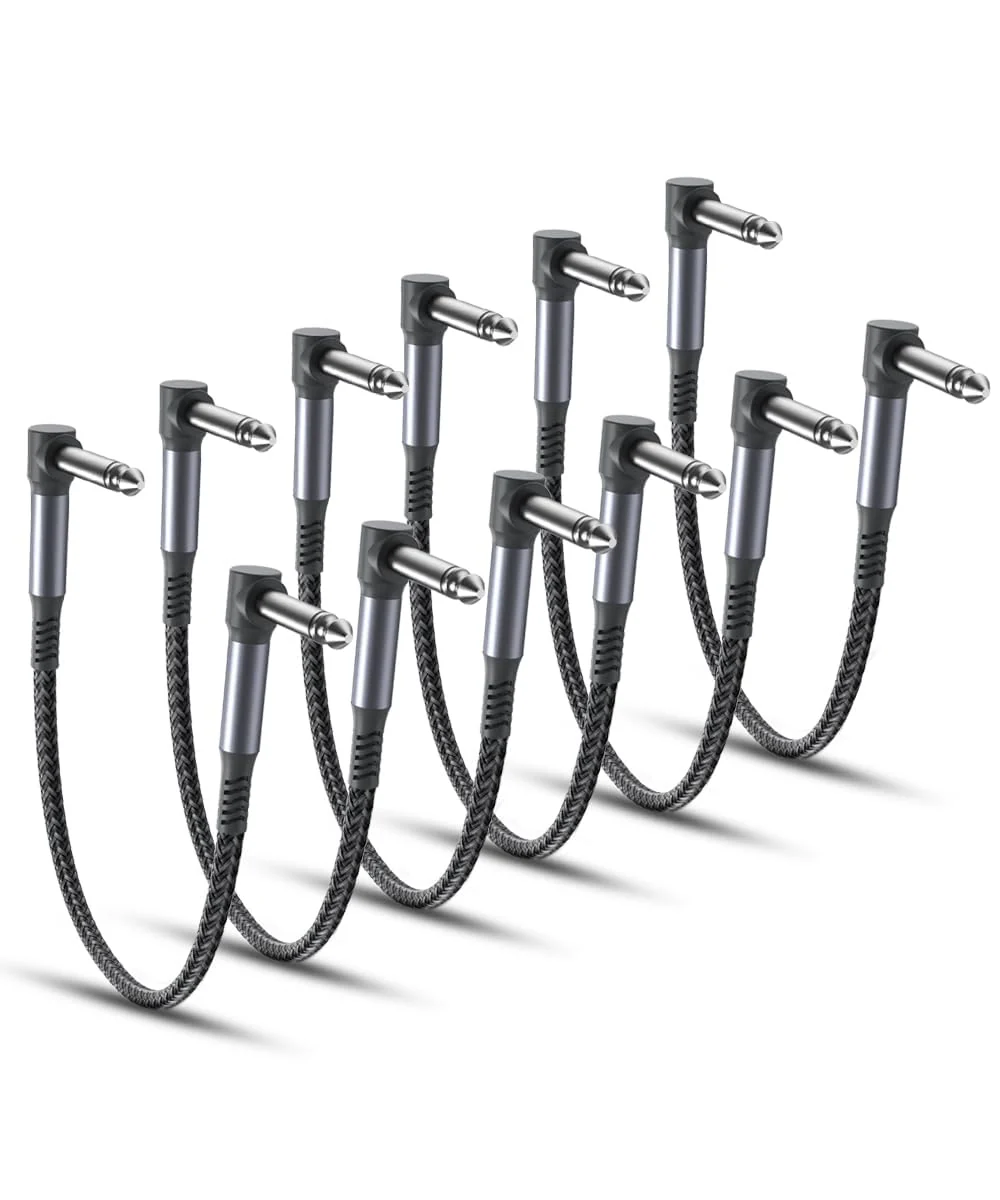 Ruxely Guitar Patch Cables 12-Inch 6-Pack,6.35MM Effects Pedal Board Cord,Nylon Braided 1/4 Right-Angle Instrument Audio Cable,Pedalboard Connector TS Copper Wire for Amp/Amplifier,Mixer,Electric Bass 12 inch Gray