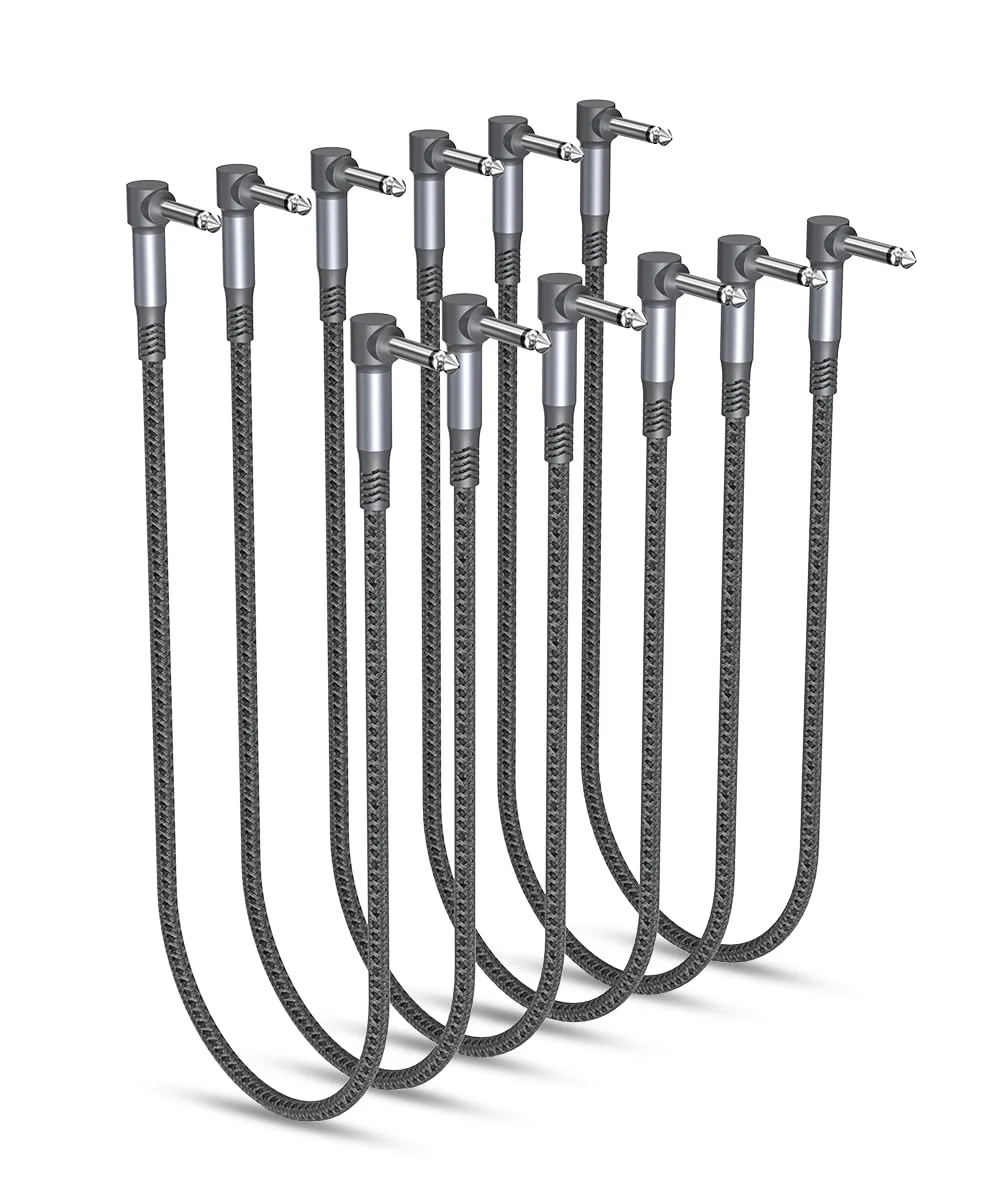 Ruxely Guitar Patch Cables 24-Inch 6-Pack,6.35MM Effects Pedal Board Cord,Nylon Braided 1/4 Right-Angle Instrument Audio Cable,Pedalboard Connector TS Copper Wire for Amp/Amplifier,Mixer,Electric Bass 24 inch Gray