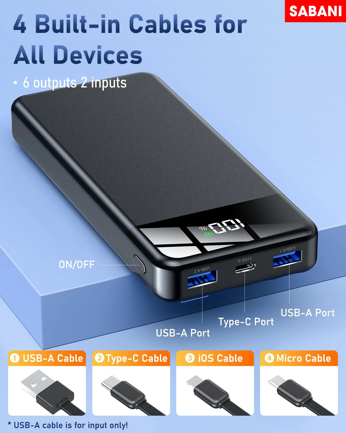 SABANI Portable Charger 35000mAh Power Bank - Portable Battery with 4 Built in Cables, 22.5W Fast Charging Battery Pack Compatible with iPhone 16 15 14 13 Samsung Android Phone etc (1 Pack, Black) A-Black - Image 2