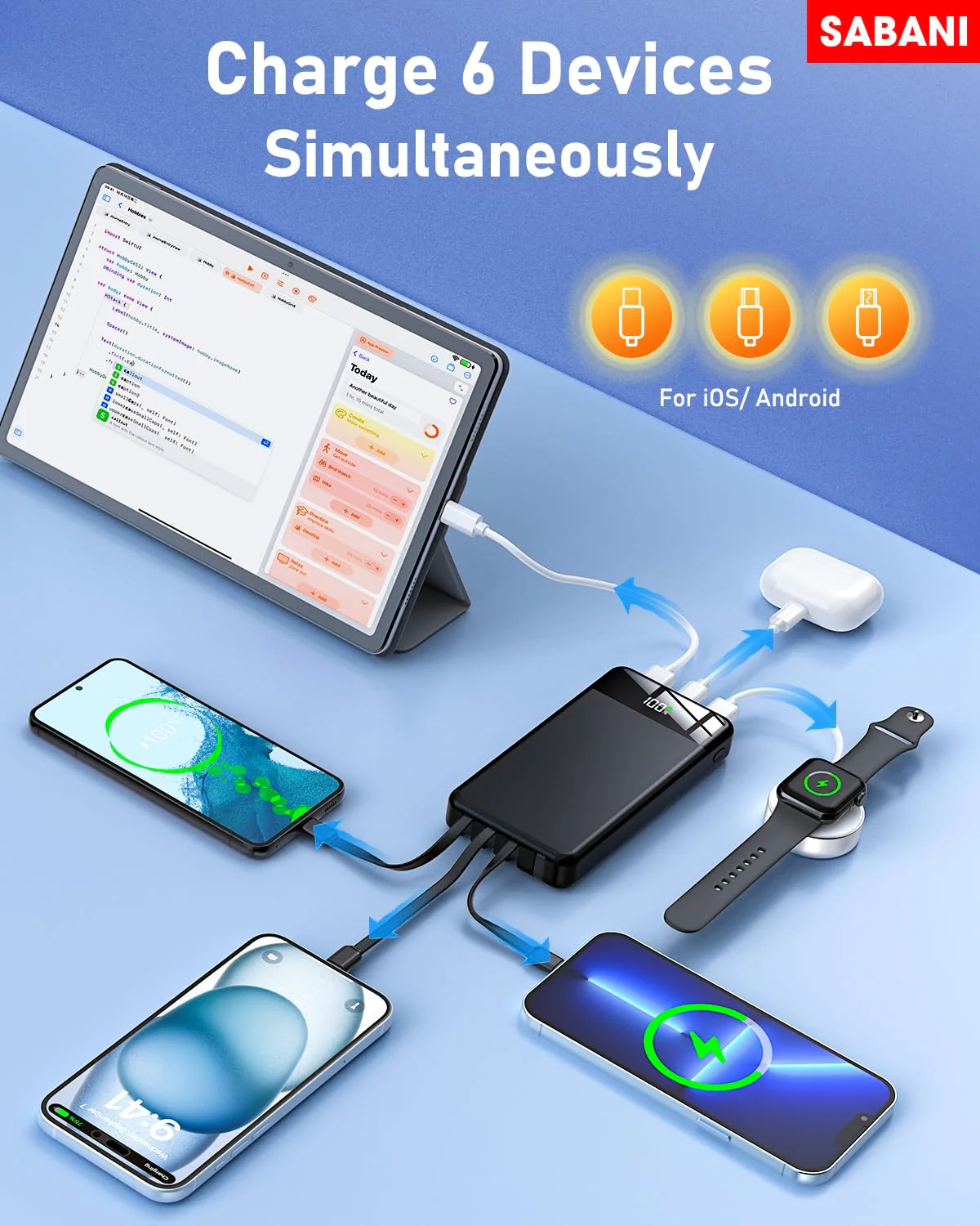 SABANI Portable Charger 35000mAh Power Bank - Portable Battery with 4 Built in Cables, 22.5W Fast Charging Battery Pack Compatible with iPhone 16 15 14 13 Samsung Android Phone etc (1 Pack, Black) A-Black - Image 4