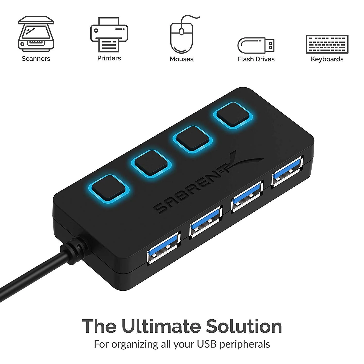 Sabrent 4-Port USB 3.0 Hub with Individual LED Lit Power Switches, Includes 5V/2.5A Power Adapter (HB-UMP3) - Image 6