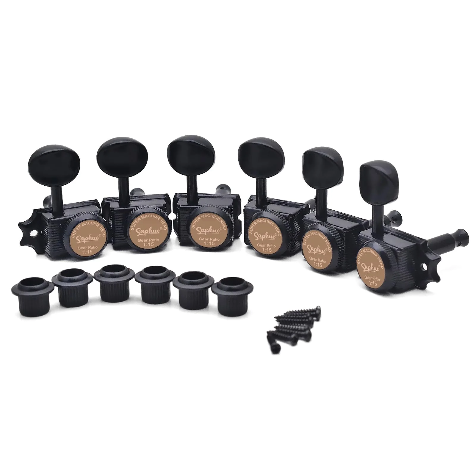 SAPHUE 6 Inline Guitar Lock String Tuners 1:15 Vintage Guitar Locking Tuning Key Pegs Machine Heads Replacement for ST TL Style Electric Folk or Acoustic Guitars (black) black