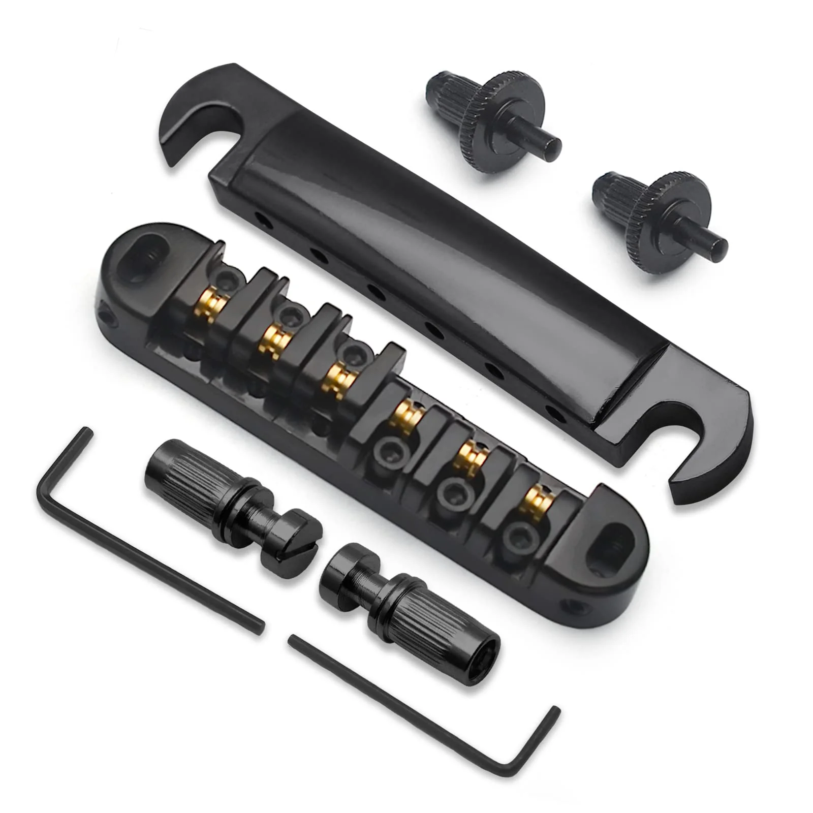 SAPHUE Adjustable Brass Roller Saddle Bridge ABR-1 Style Tune-o-matic Bridge Tailpiece Roller Saddle Bridge for GB LP Gear Replacement (black) black