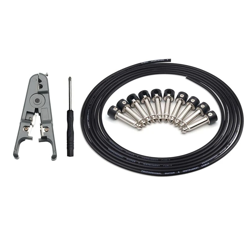 SAPHUE Guitar Bass Patch Cable Multi Effects Guitar Pedal, Solderless Pedalboard Cable Kit,10ft Cable 10 Tip Connectors Solderless 6.35 Mono Plugs for Effect Pedal Make 5 DIY Custom Patch Cables Straight Black Cap Cable Kits