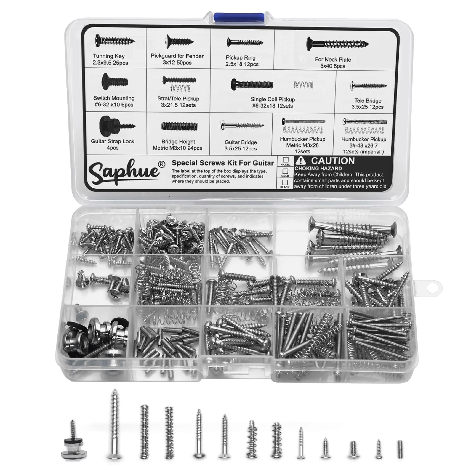 SAPHUE Guitar Screw Kit,201pcs Telecaster Kit, Pickguard Screws, Switch Plate Screws,For Fender/Tele/Strat/Sq,Tuner,Machine Head, Neck Plate,Guitar Strap End Pins,Pickup,Bridge, Guitar Repair Kit multi-size (201pcs) Chrome