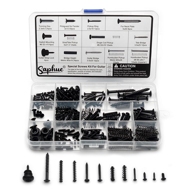 SAPHUE Guitar Screw Kit,201pcs Telecaster Kit, Pickguard Screws， Switch Plate Screws,For Fender/Tele/Strat/Sq,Tuner,Machine Head, Neck Plate,Guitar Strap End Pins,Pickup,Bridge, Guitar Repair Kit multi-size Black