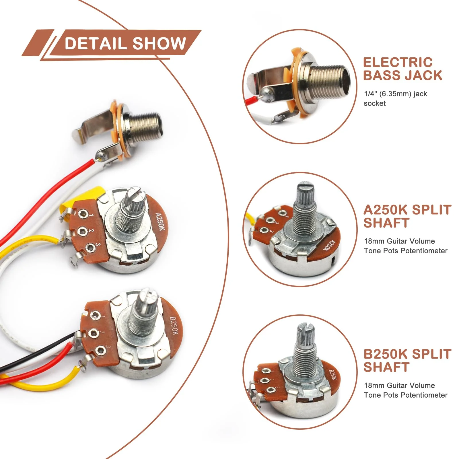 SAPHUE PB Bass Wiring Harness Prewired Kit for Precision Bass Guitar Big 250K Pots 1 Volume 1 Tone Jack - Image 3