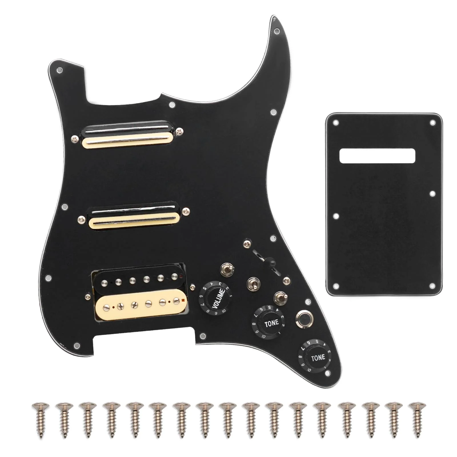 SAPHUE SSH-Coil Splitting Electric Guitar Pickguard Two Mini Humbucker + ONE Humbucker(9K/9K/15K)+Silence Switch Loaded Prewired Scratchplate (Black) Black+Zebra