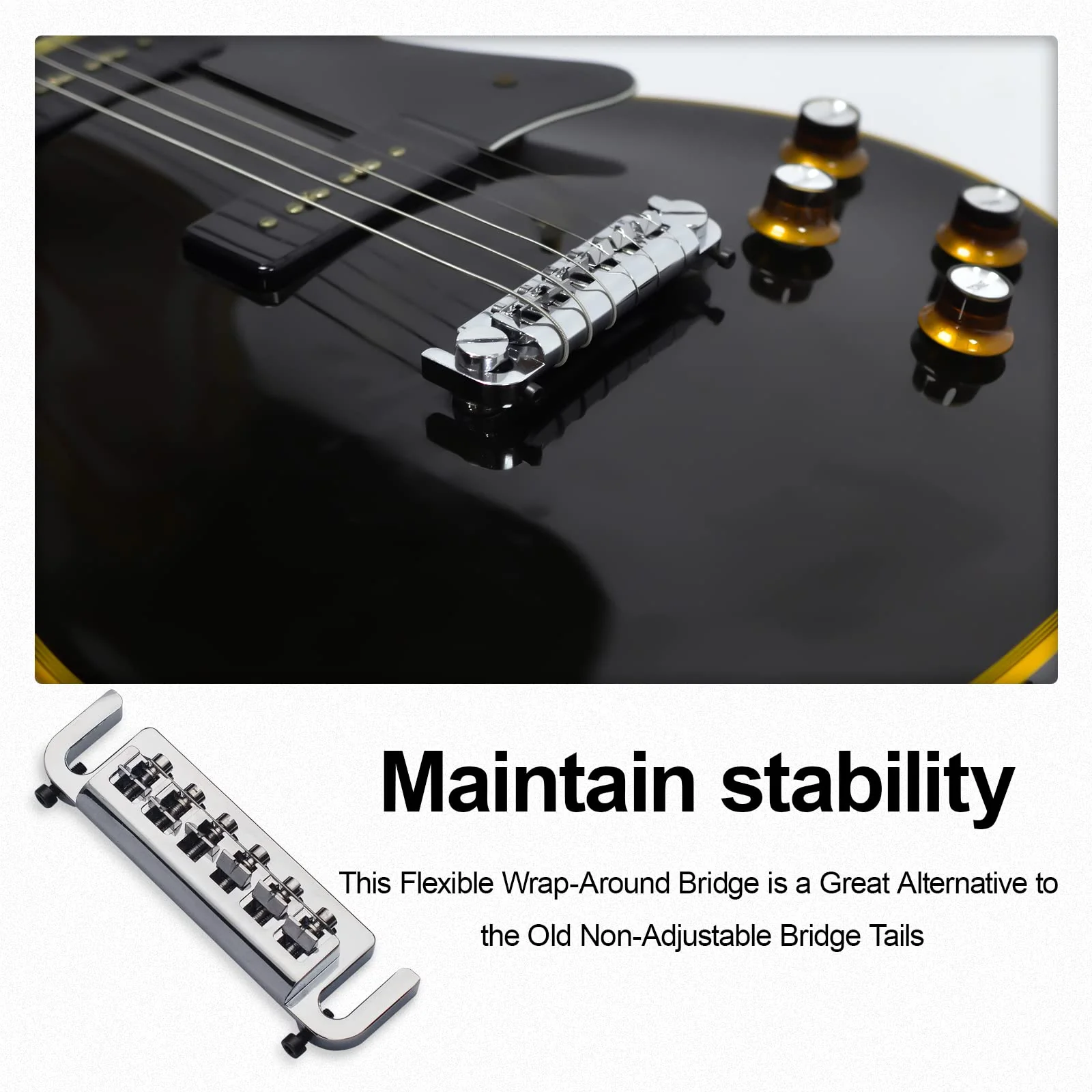 SAPHUE Wraparound Bridge Tailpiece Intonatable Combo Bridge Tailpiece for Solid-body Electric Guitar (Chrome) Chrome - Image 3