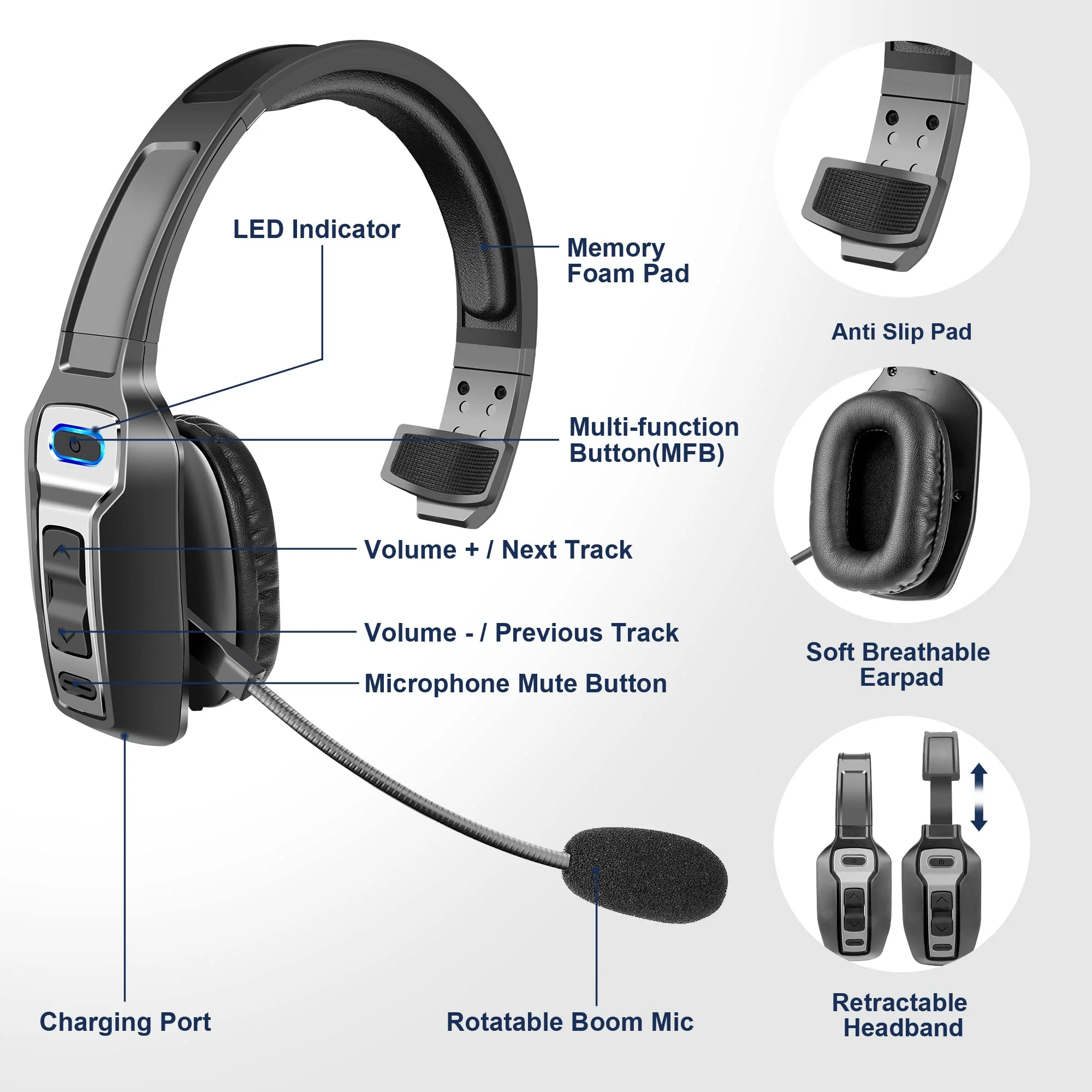 Sarevile Trucker Bluetooth Headset, V5.2 Wireless Headset with Upgraded Microphone AI Noise Canceling, On Ear Bluetooth Headphone with Mute for Driver Office Call Center (Black) - Image 6