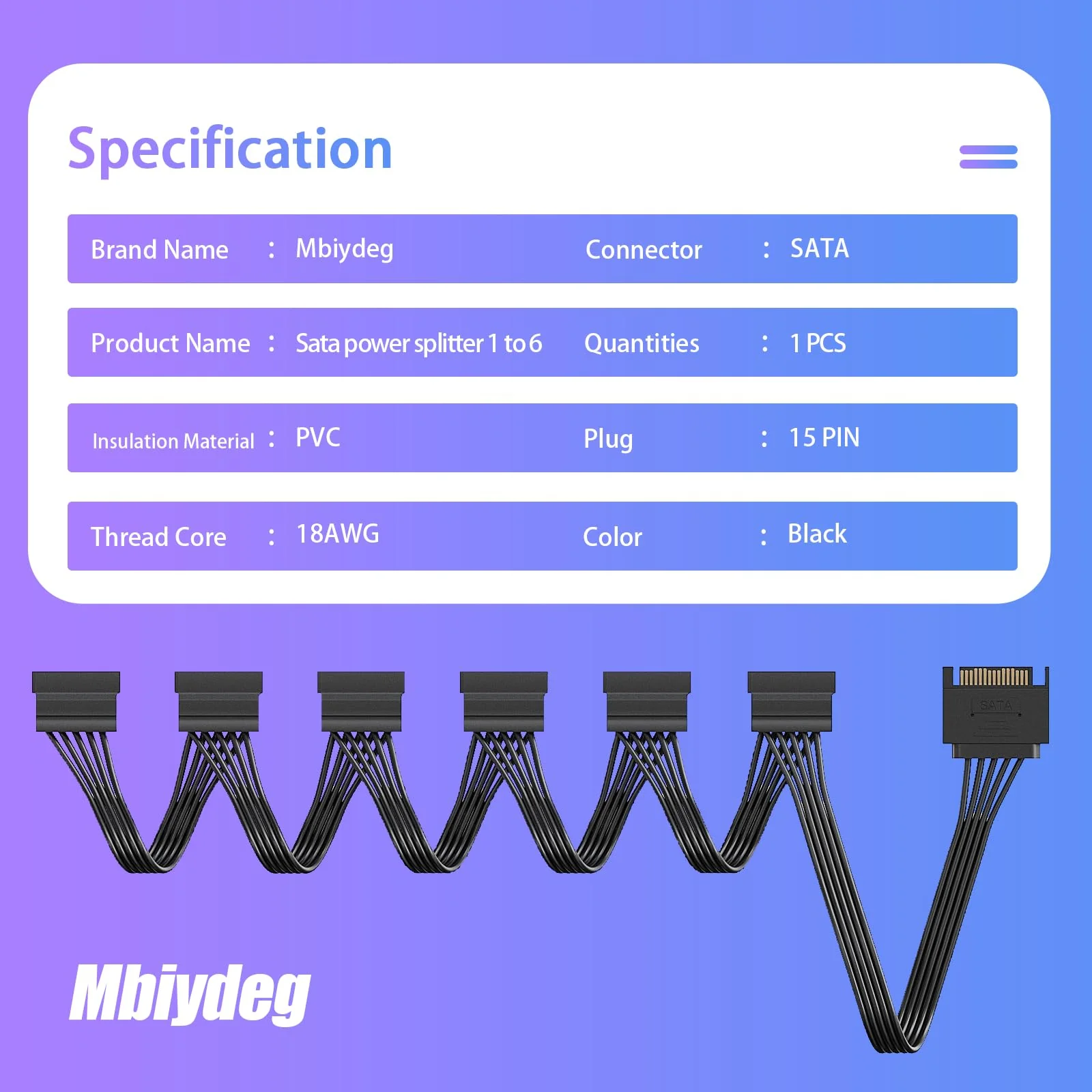 sata Power Splitter Cable 6 Way, 15 Pin SATA to 6 SATA Power Cable for HDD、SSD、Optical Drives, sata Cables, sata Power Connector Supply Extension Cable, Black - Image 8