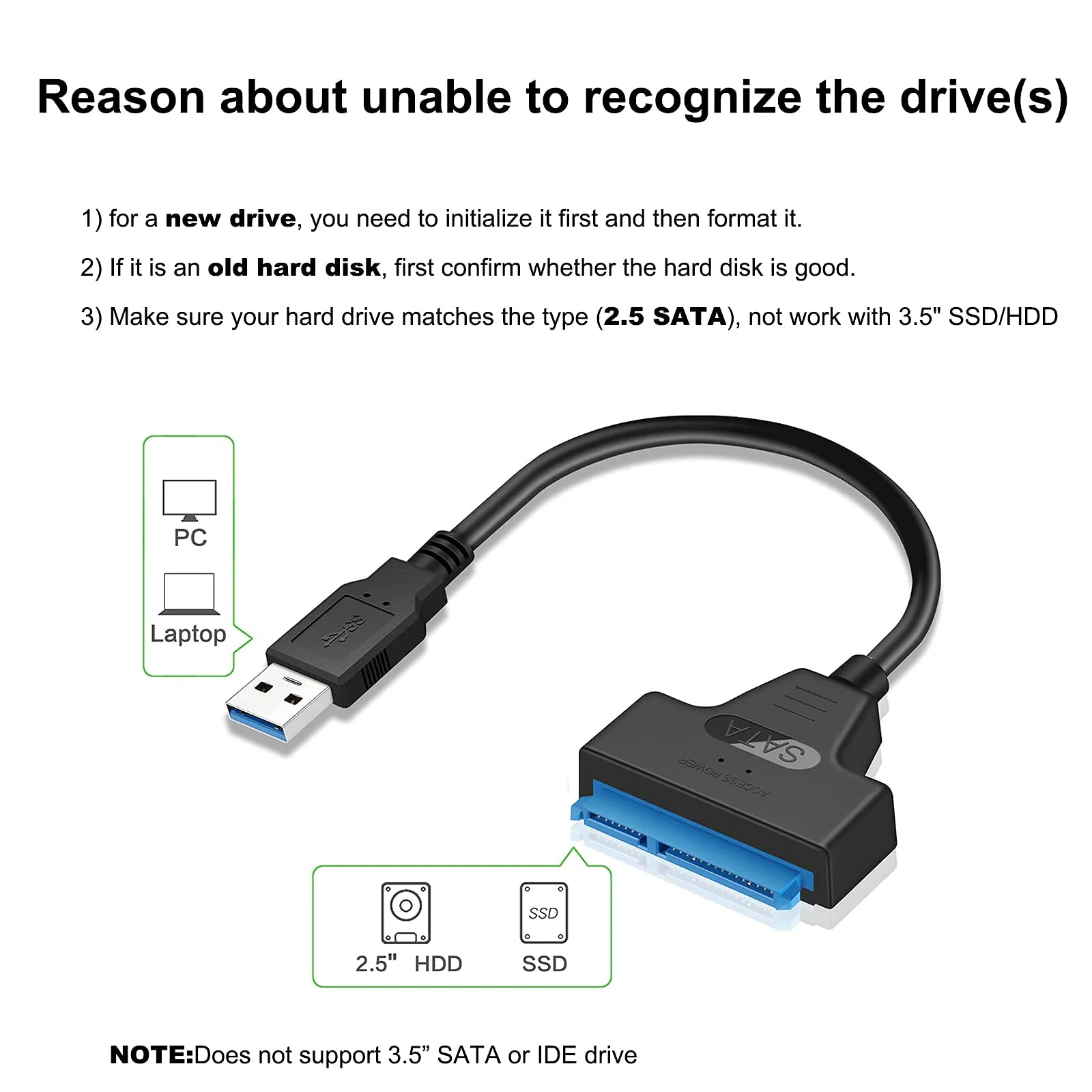 SATA to USB 3.0 Adapter Cable for 2.5 inch Hard Drive HDD/SSD Data Transfer, External Hard Drive Converter Support UASP (Black) Black - Image 8