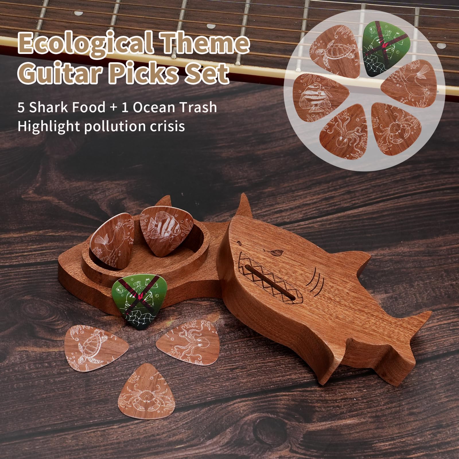 "Save Our Oceans" Shark Guitar Capo Gift Set–1 Wood-Finish Shark-Shaped Capo&1 Shark-Shaped Guitar Pick Holder with 6 Picks (5 Shark Food+1 Ocean Trash)–Fun Eco Educational Music Gift for Eco-Warriors - Image 5