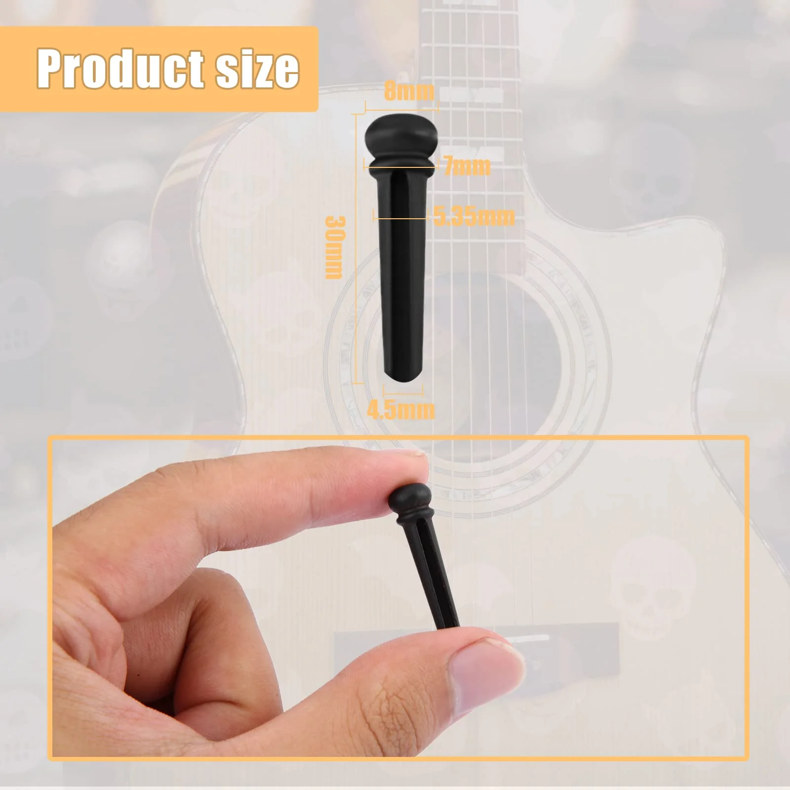 SAVITA 6pcs Ebony Guitar Bridge Pins, Acoustic Guitar Bridge Pegs for 6 and 12 Strings Replacement Parts Guitar String Pins with Small Abalone Shell Dots(Black) - Image 2